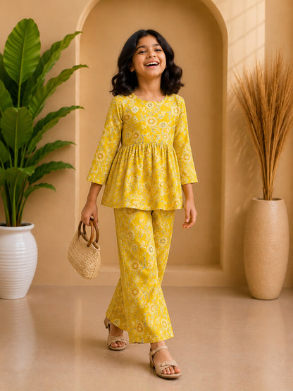 Yellow Floral Printed Peplum Co-ord Set