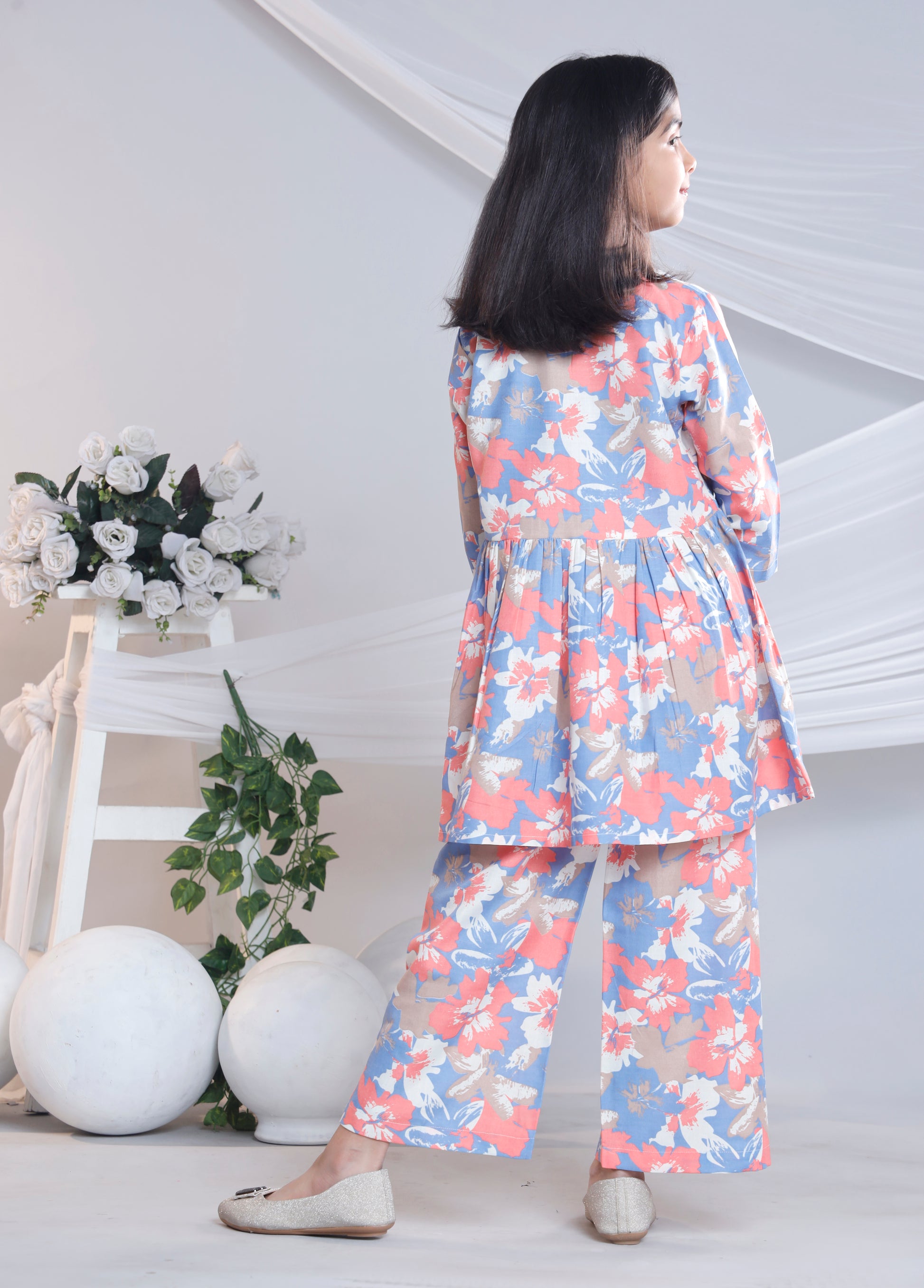 Misbis Girl's Printed Peach Co-ord Set