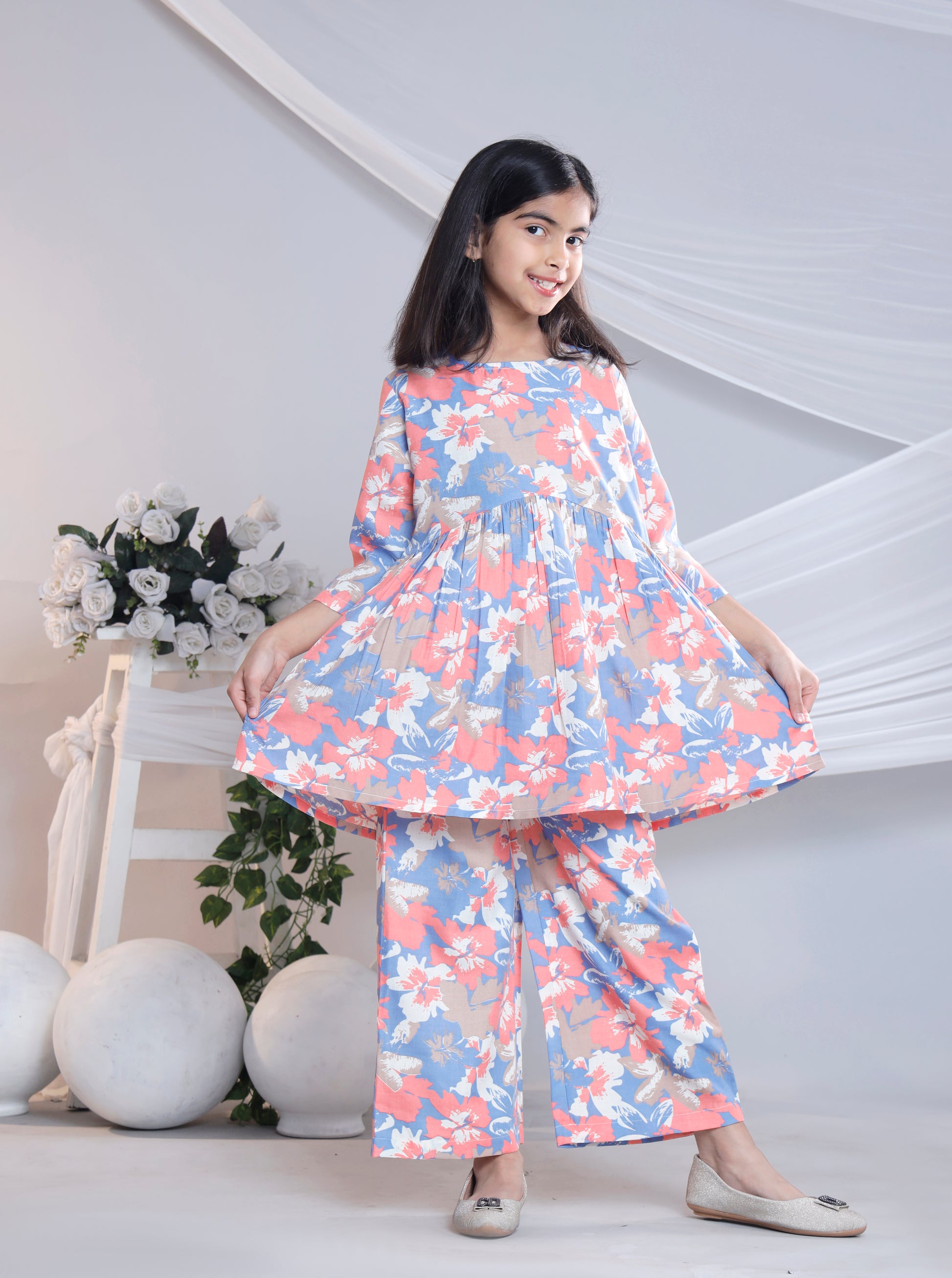 Misbis Girl's Printed Peach Co-ord Set