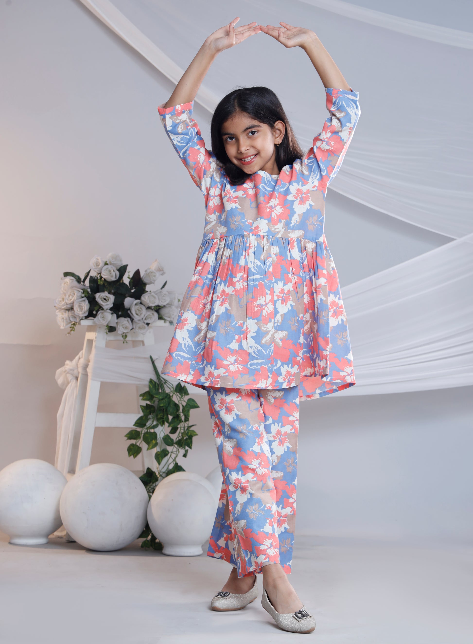 Misbis Girl's Printed Peach Co-ord Set