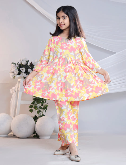 Misbis Girl's Printed Yellow Co-ord Set