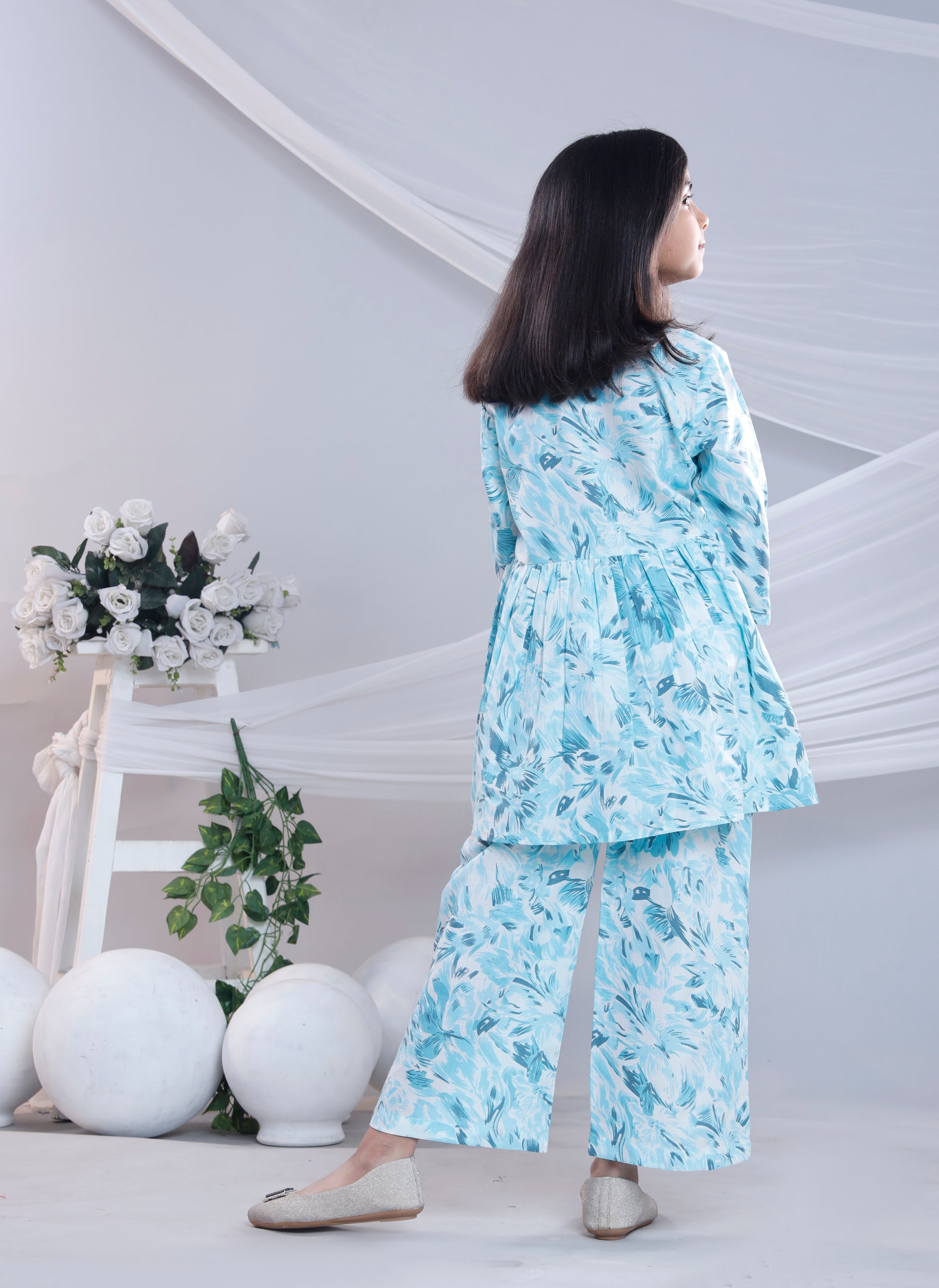 Misbis Girl's Printed Sky Blue Co-ord Set