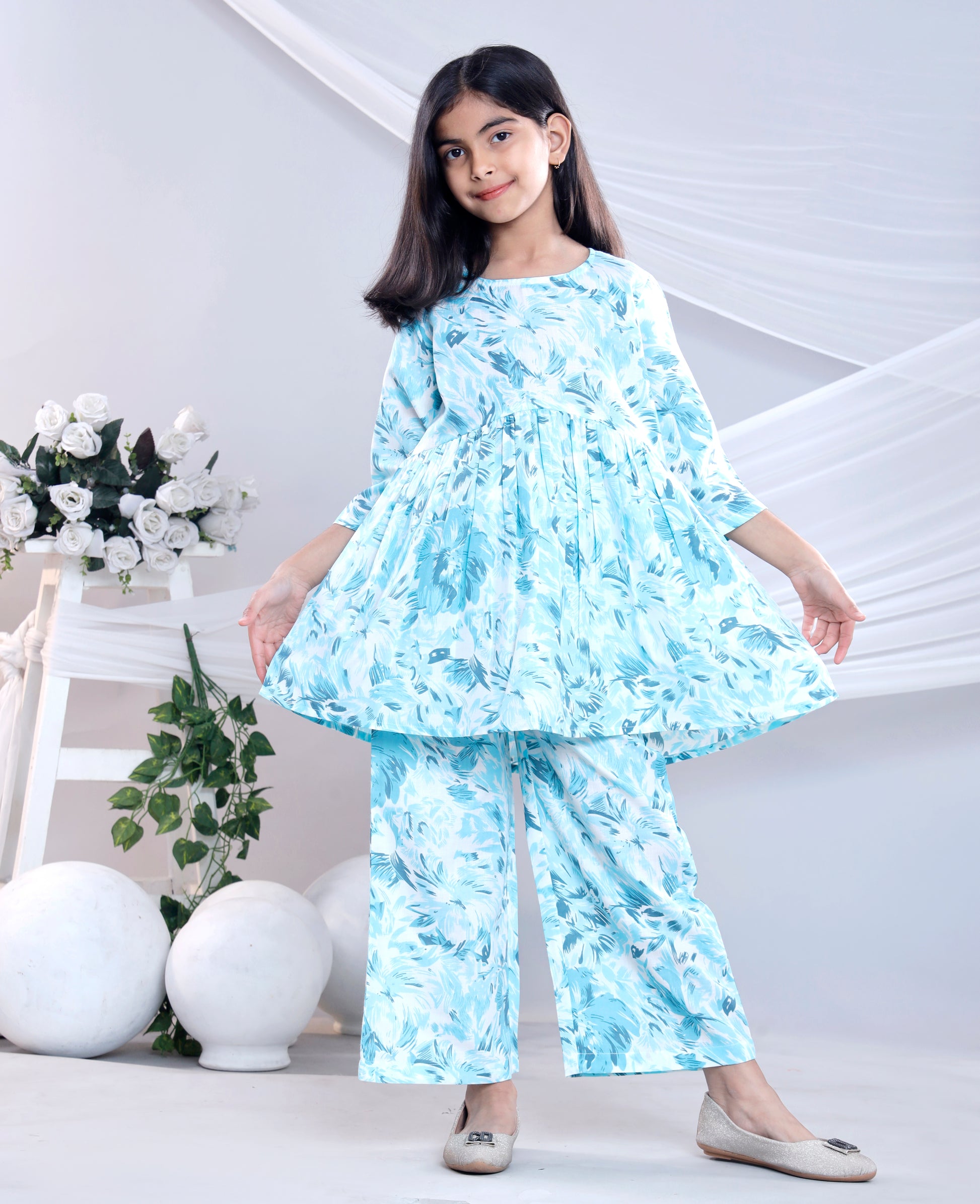 Misbis Girl's Printed Sky Blue Co-ord Set