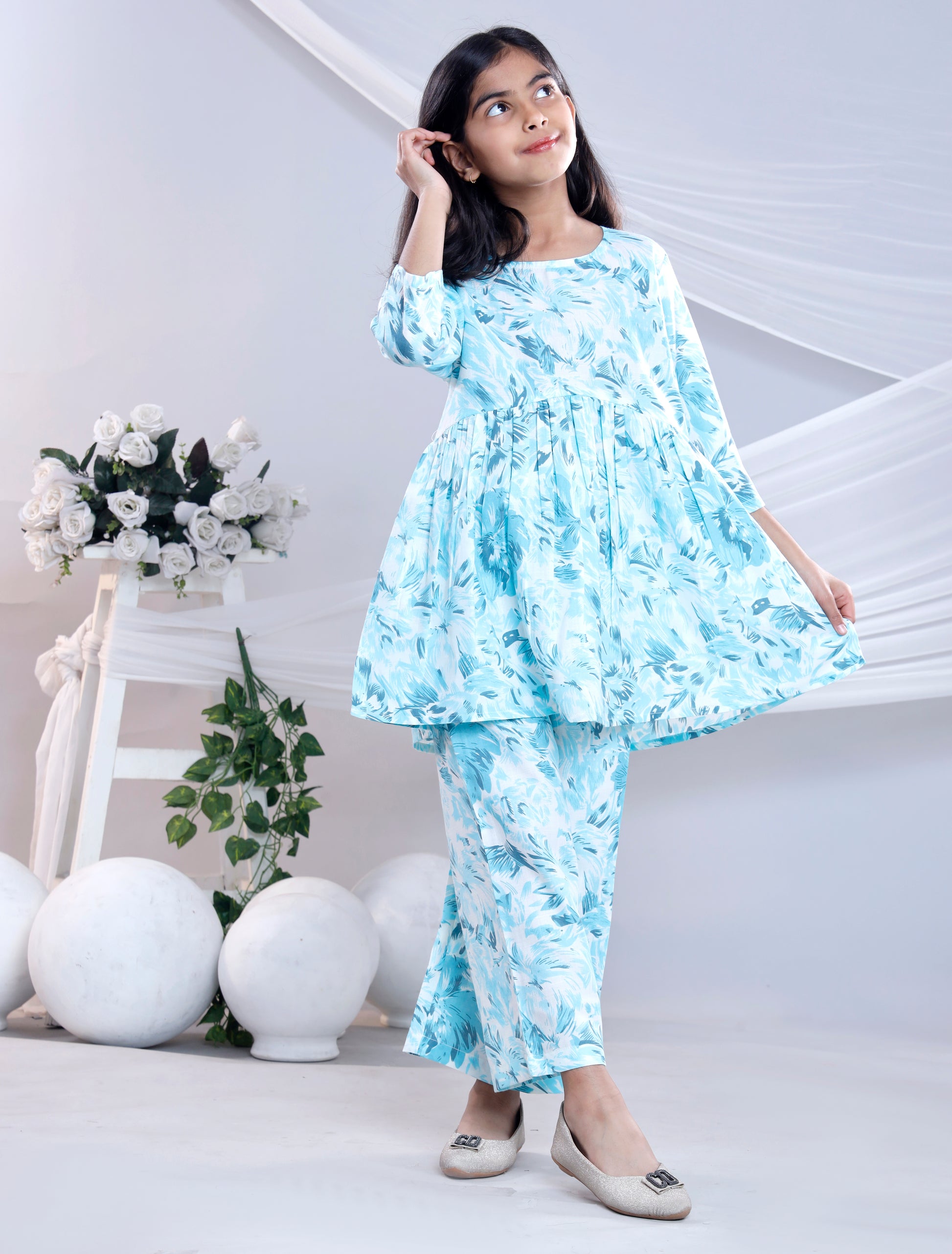 Misbis Girl's Printed Sky Blue Co-ord Set
