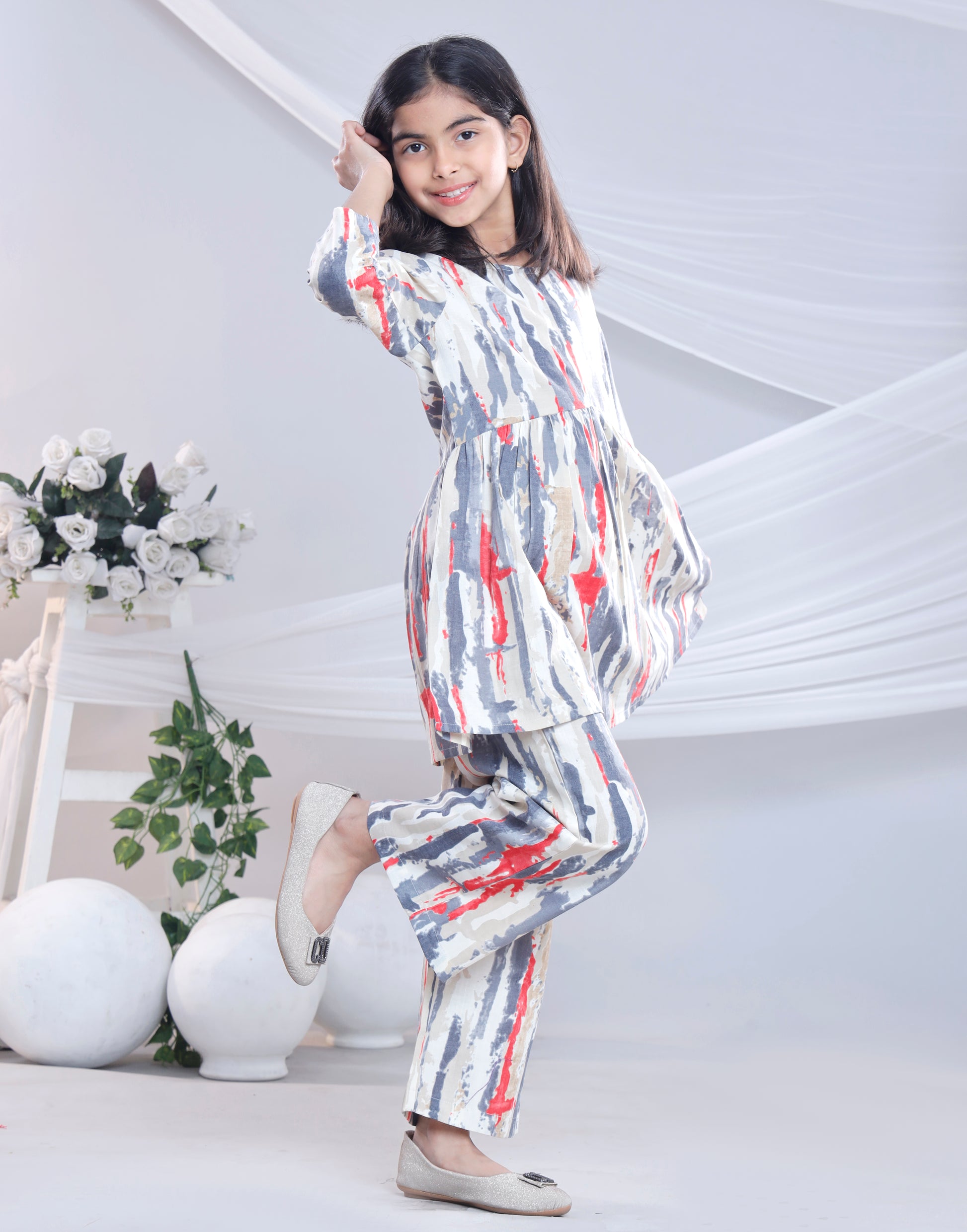 Misbis Girl's Printed Grey Co-ord Set