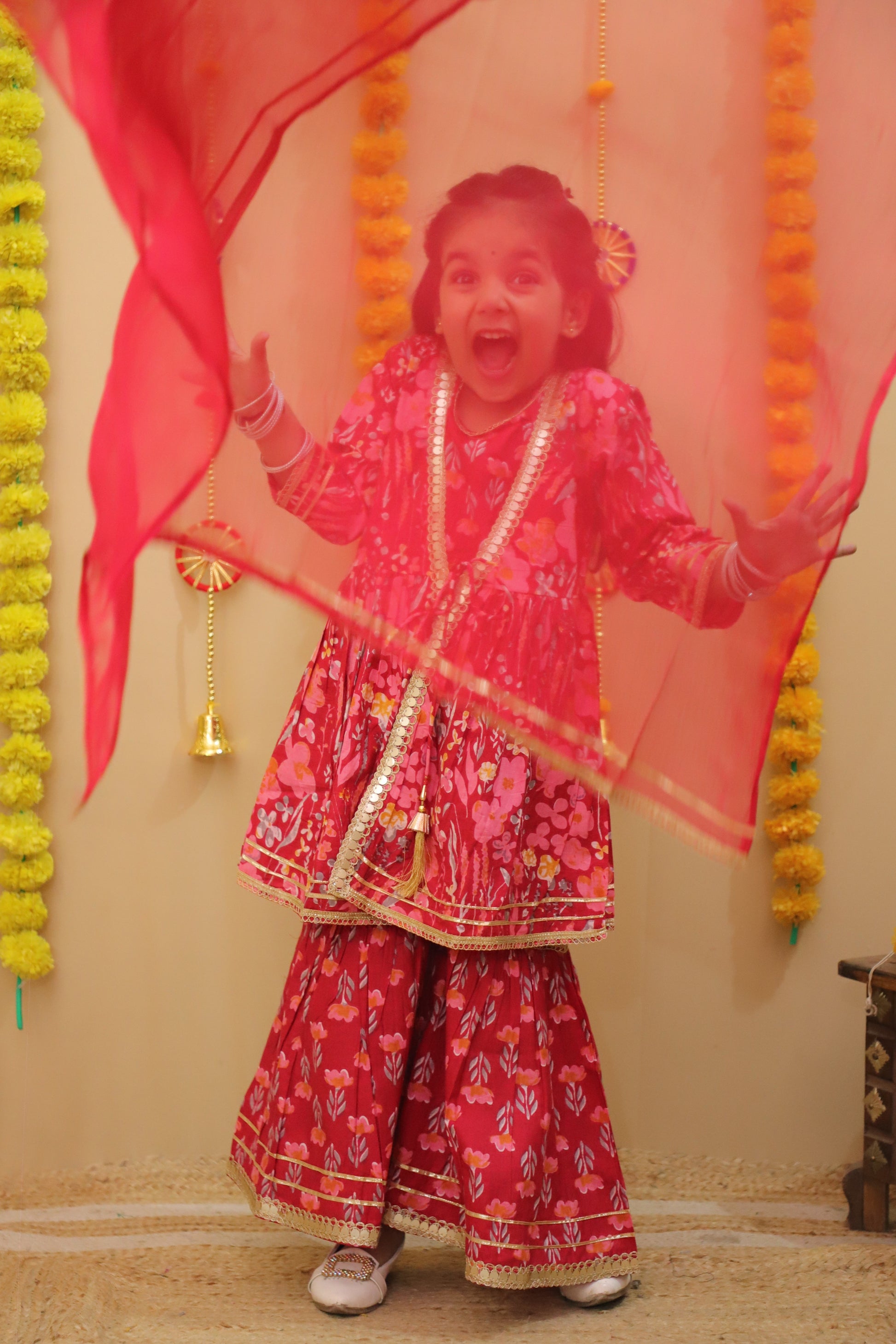 Misbis Girls Floral Printed Kurta And Sharara With Dupatta