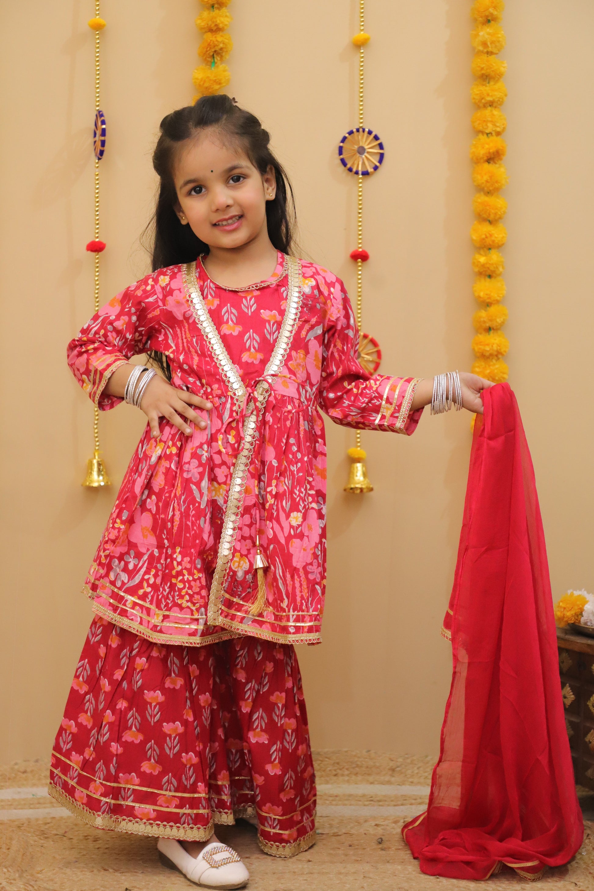 Misbis Girls Floral Printed Kurta And Sharara With Dupatta
