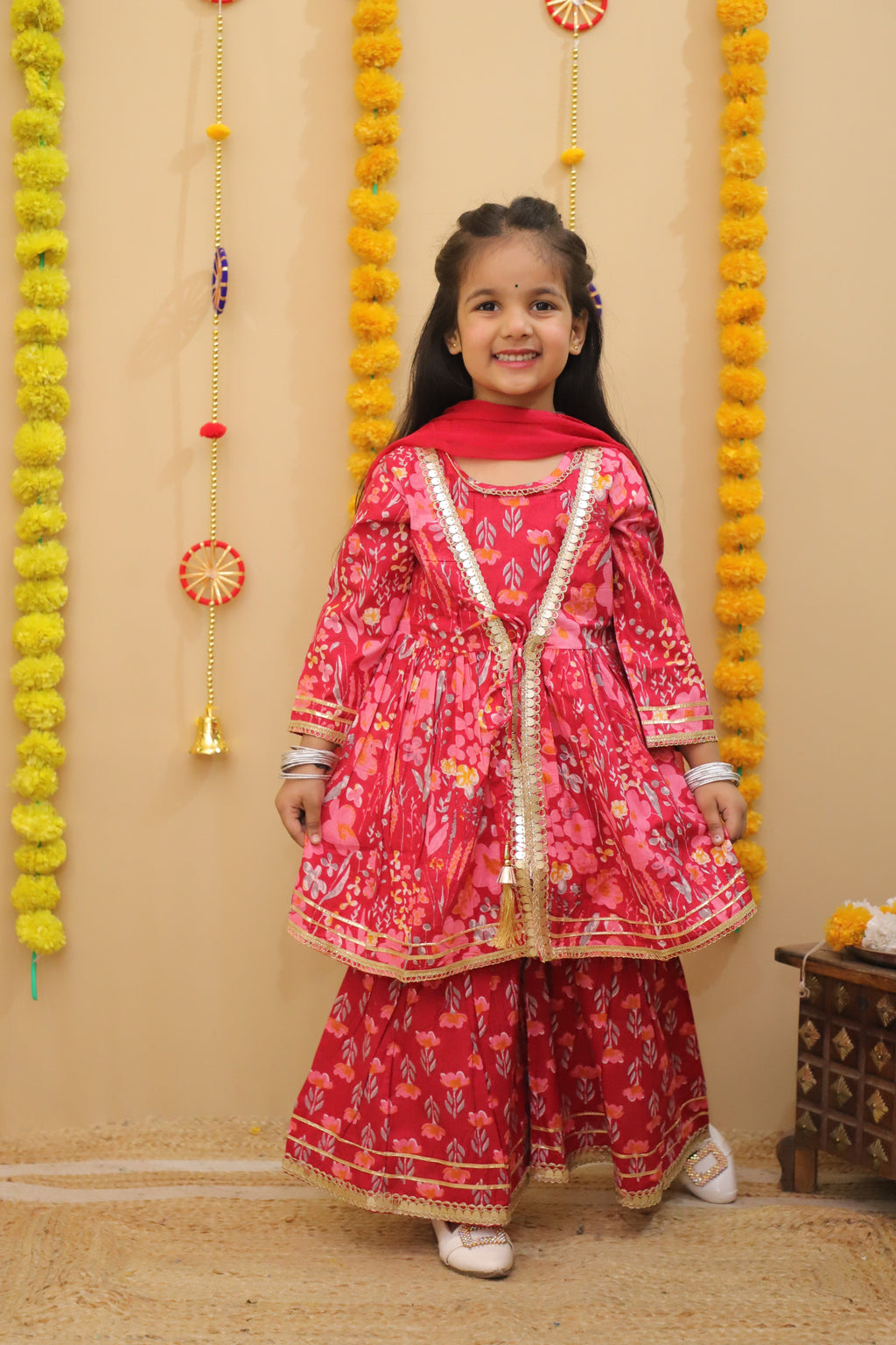 Misbis Girls Floral Printed Kurta And Sharara With Dupatta
