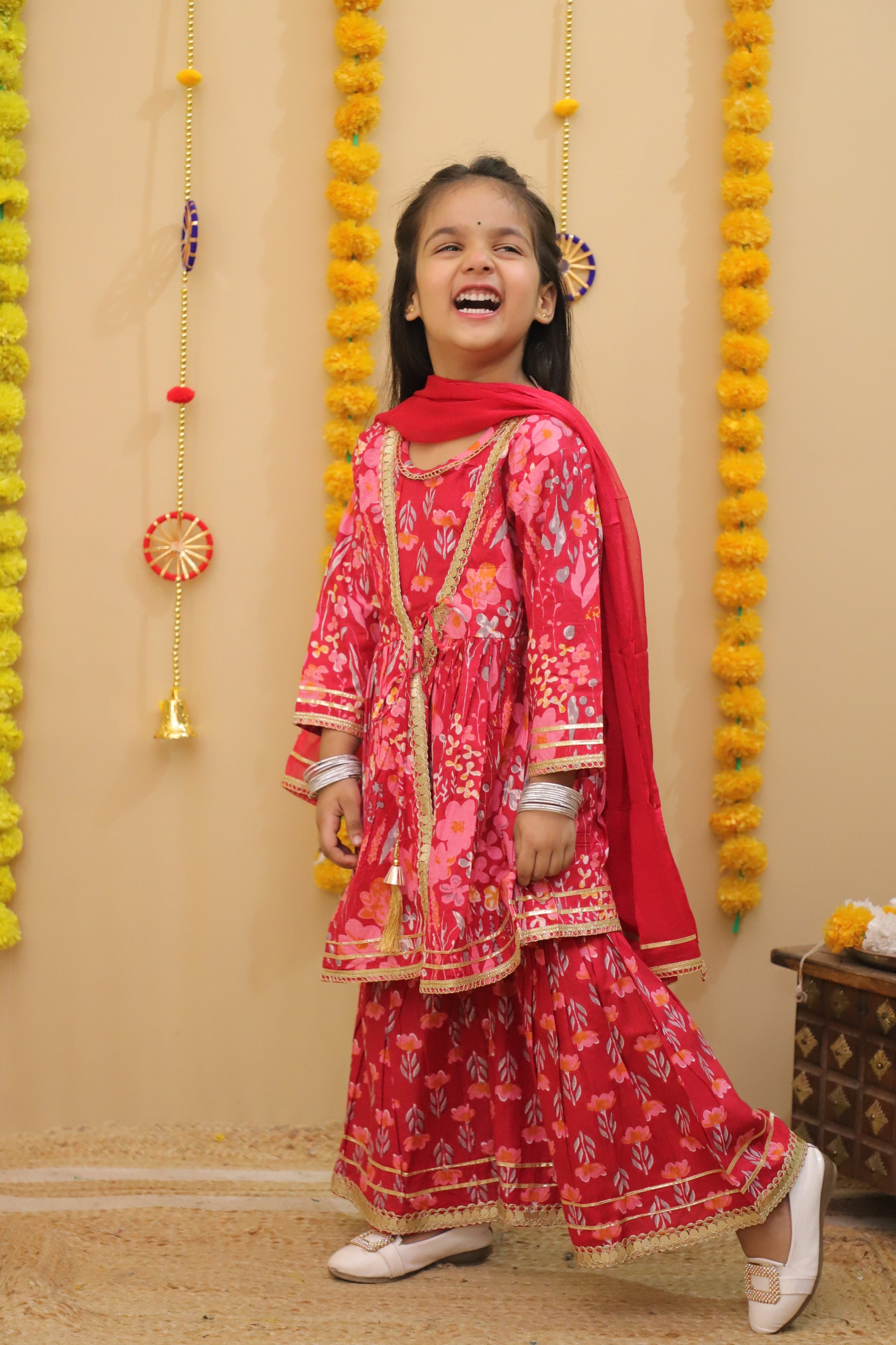 Misbis Girls Floral Printed Kurta And Sharara With Dupatta