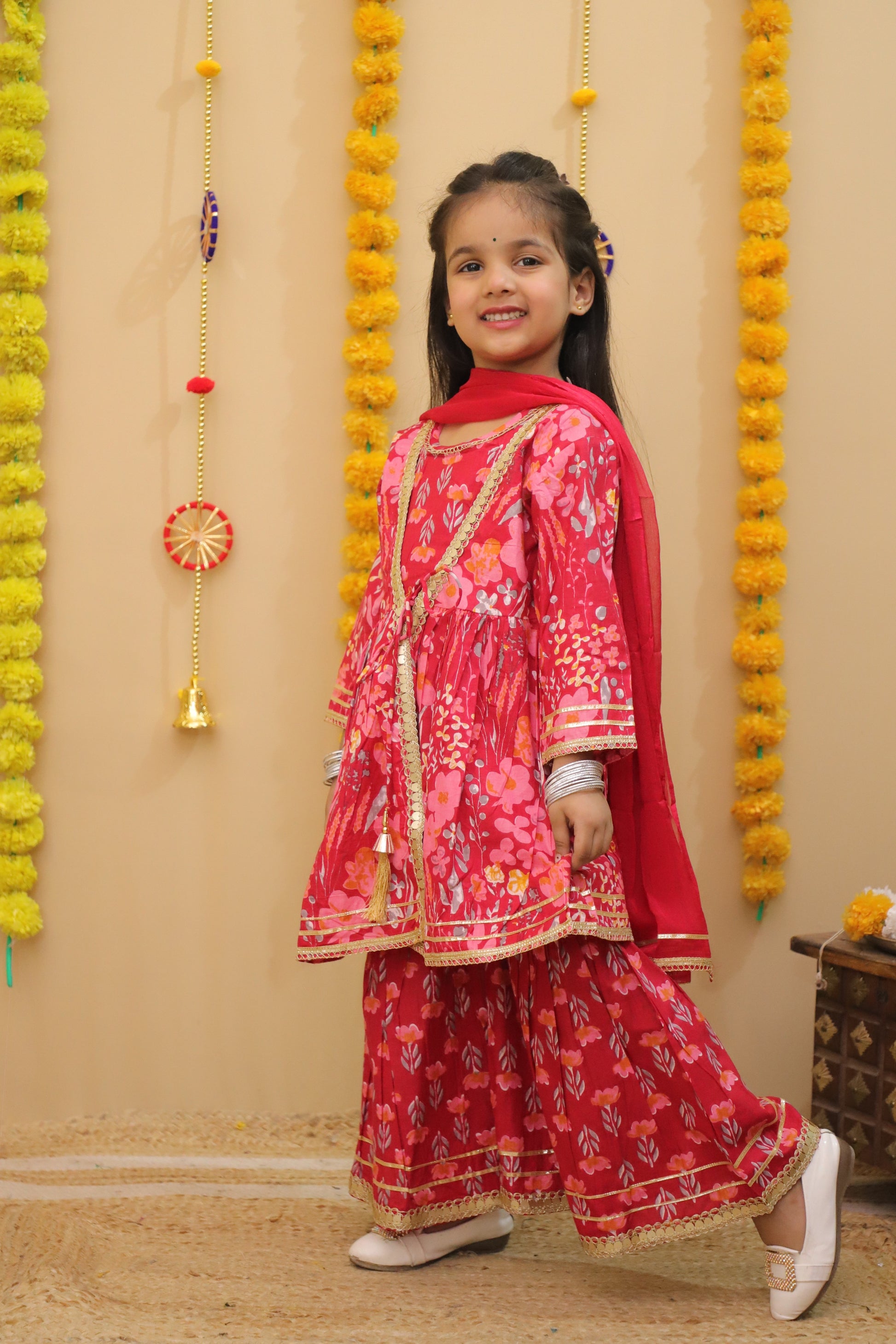 Misbis Girls Floral Printed Kurta And Sharara With Dupatta