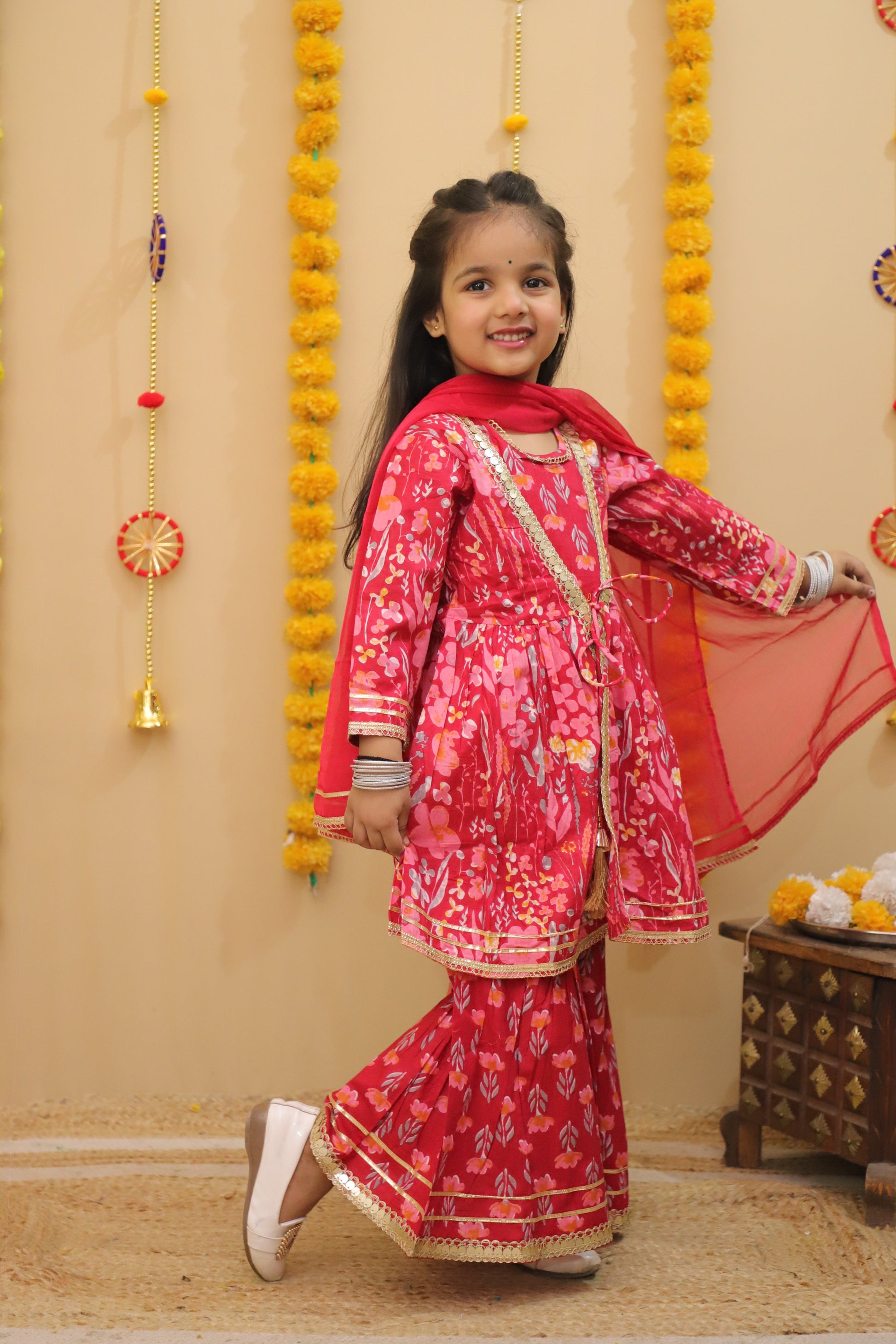 Misbis Girls Floral Printed Kurta And Sharara With Dupatta