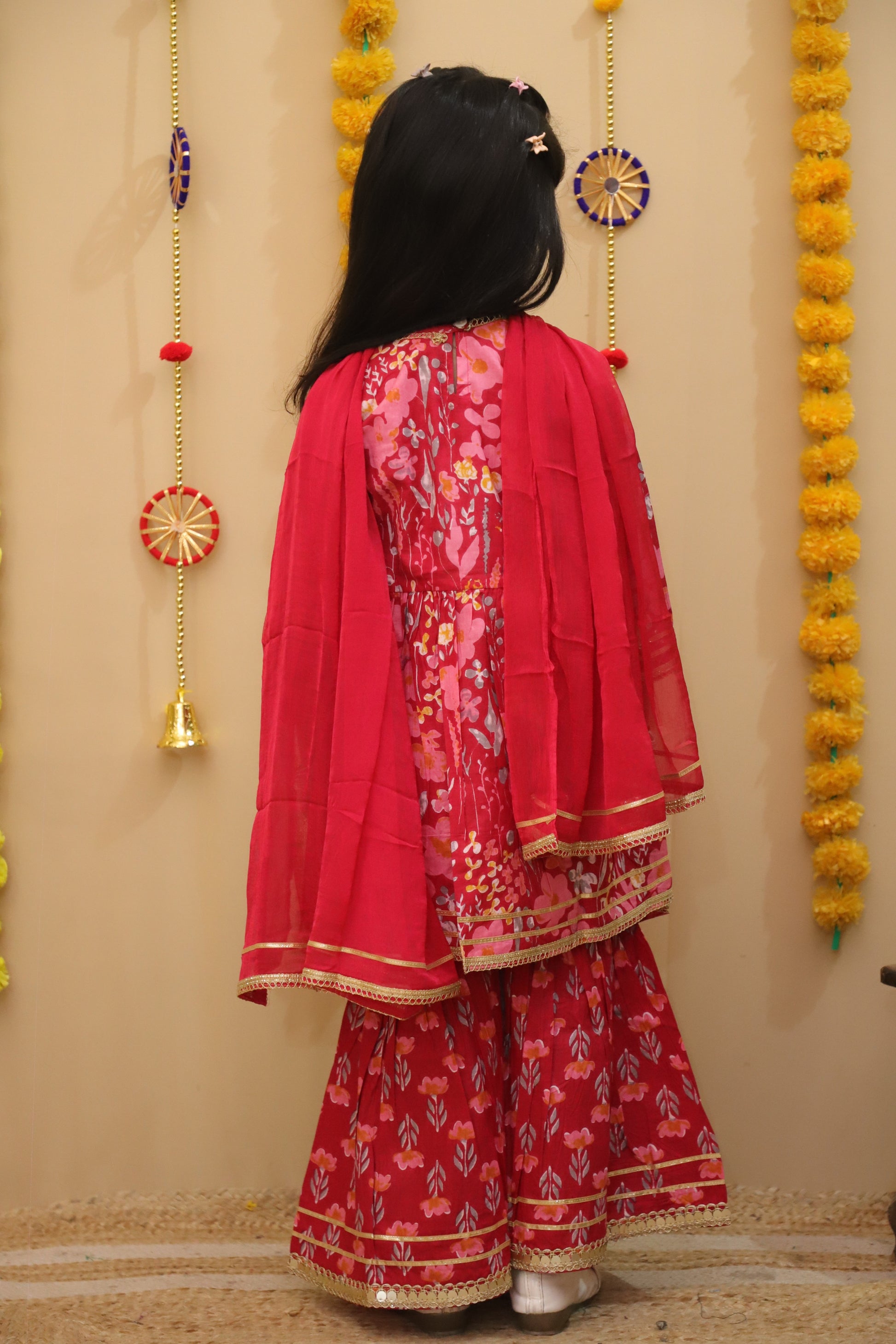 Misbis Girls Floral Printed Kurta And Sharara With Dupatta