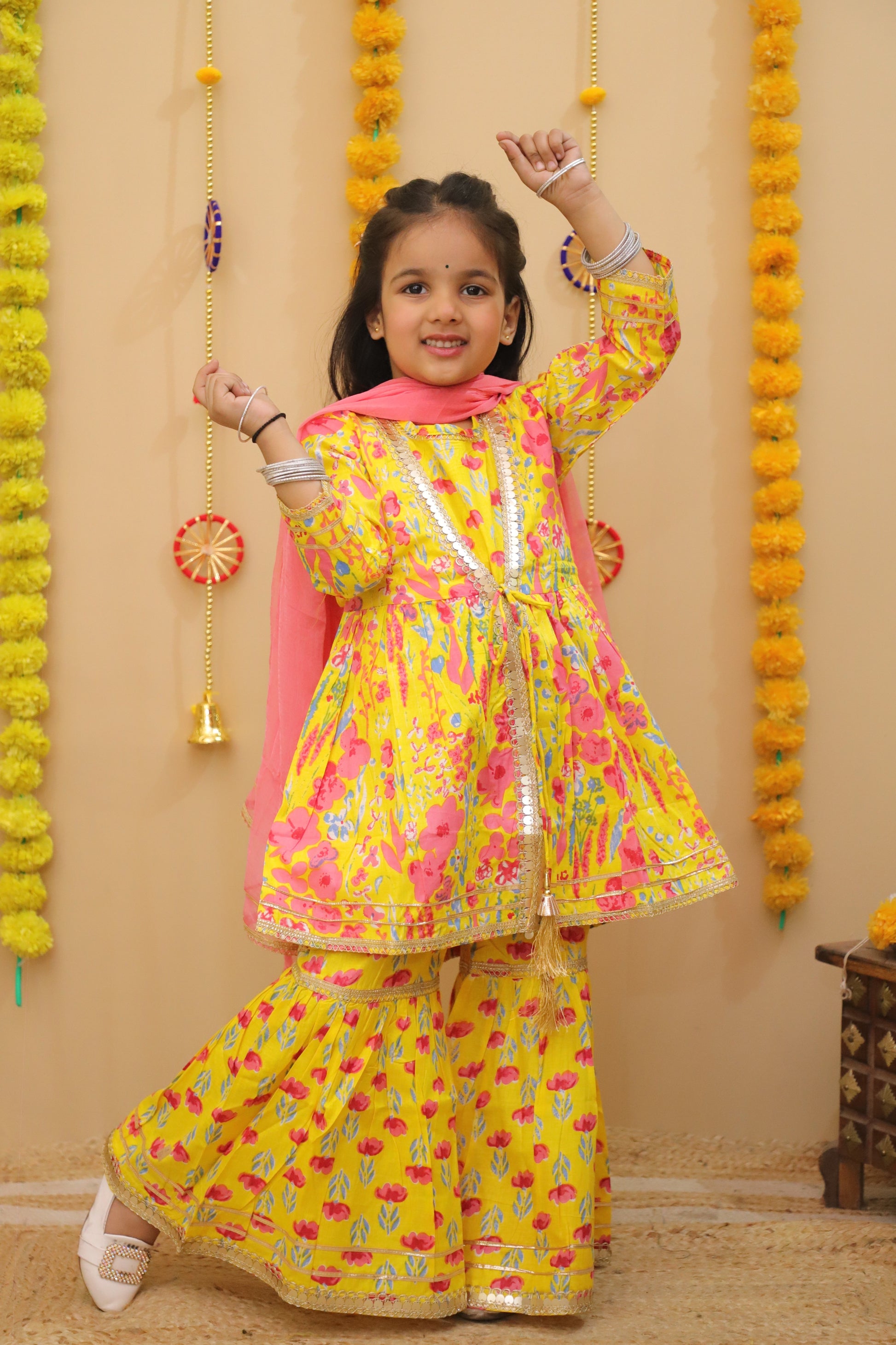 Misbis Girls Floral Printed Kurta And Sharara With Dupatta