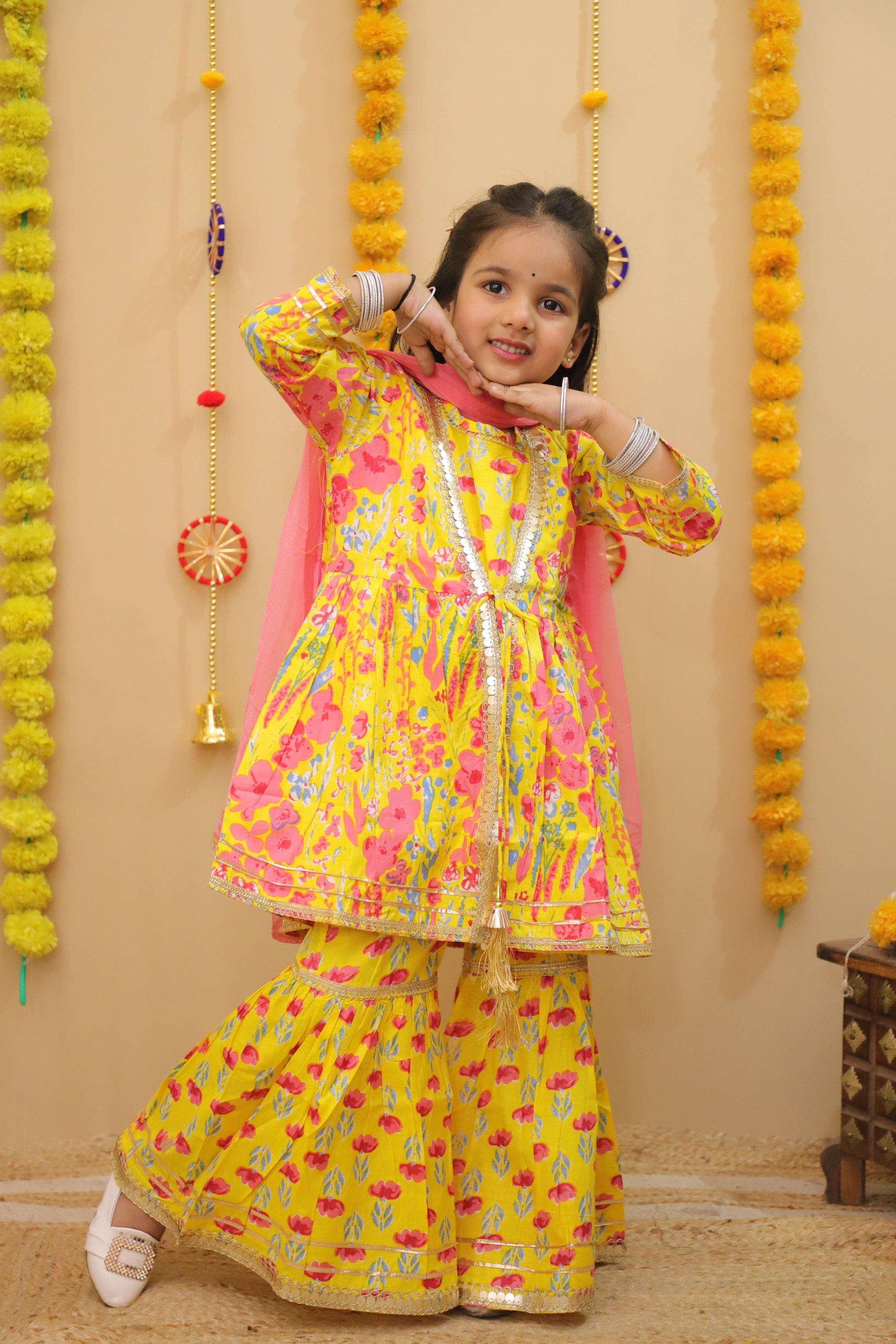 Misbis Girls Floral Printed Kurta And Sharara With Dupatta