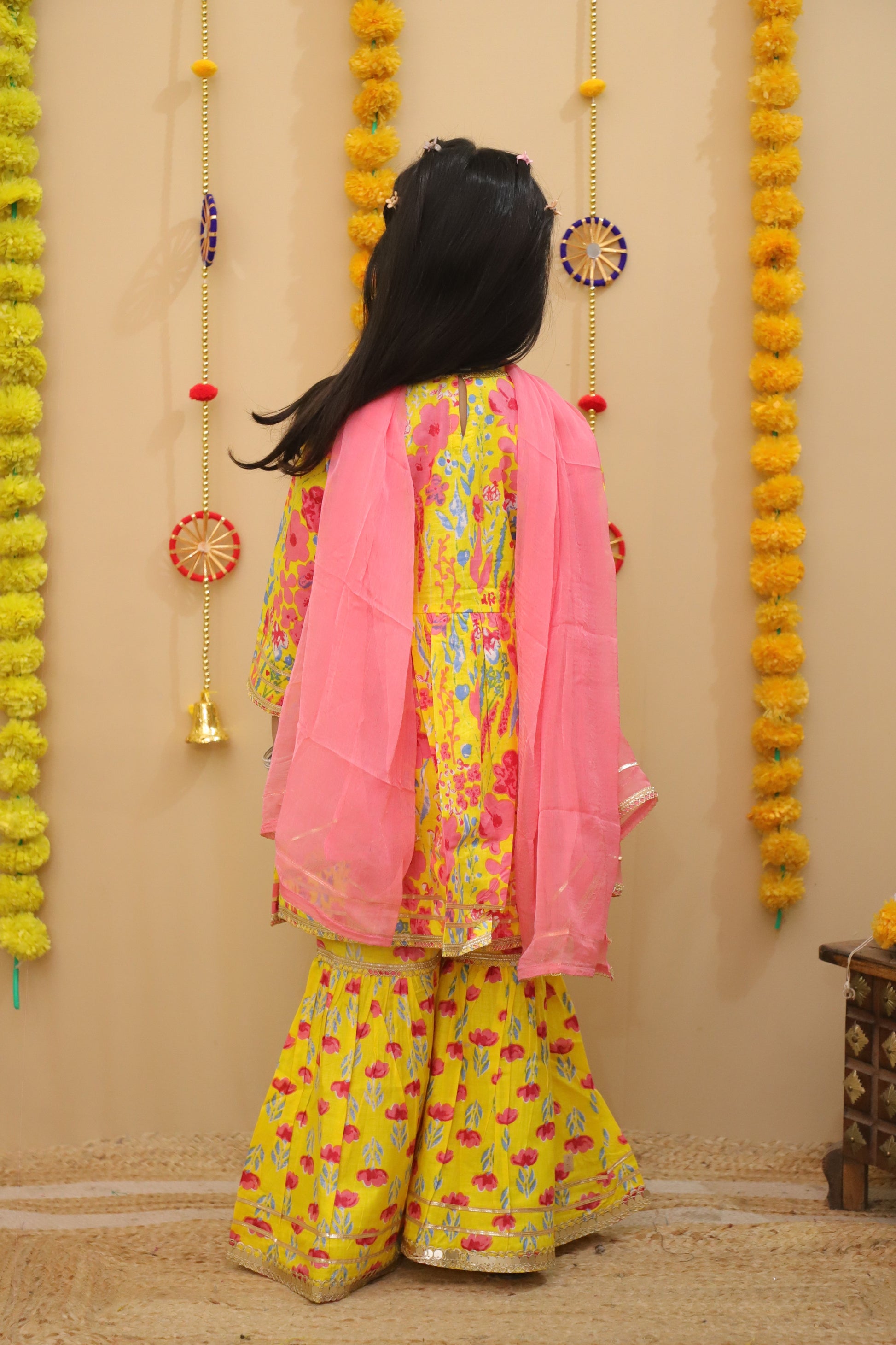 Misbis Girls Floral Printed Kurta And Sharara With Dupatta