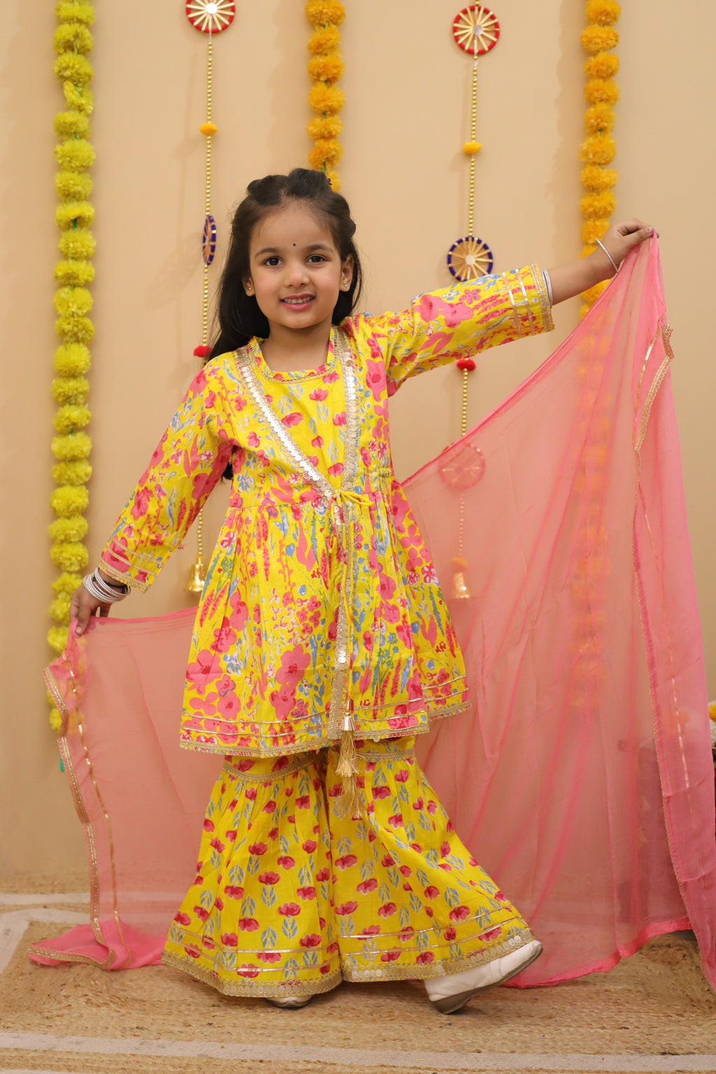 Misbis Girls Floral Printed Kurta And Sharara With Dupatta