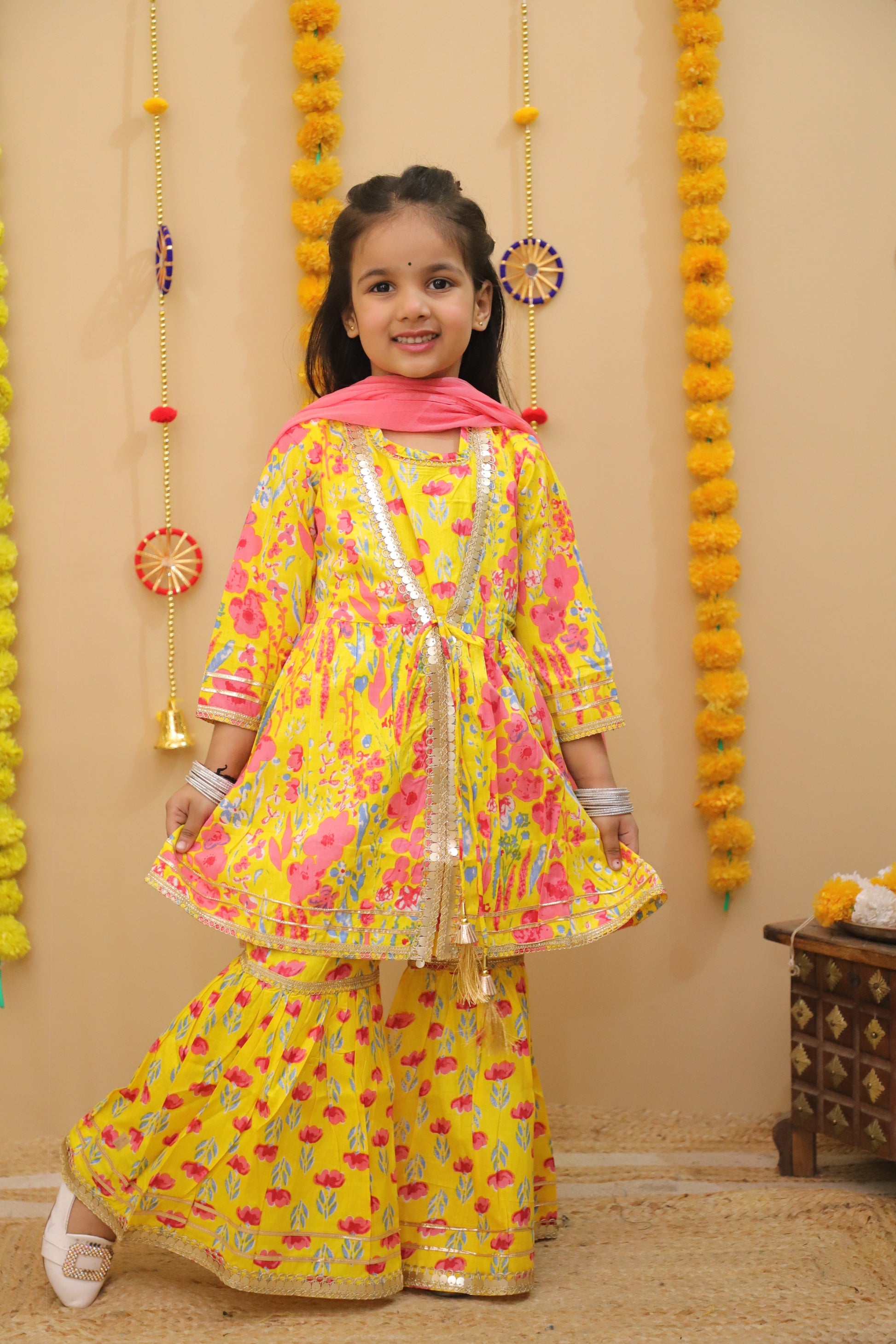 Misbis Girls Floral Printed Kurta And Sharara With Dupatta