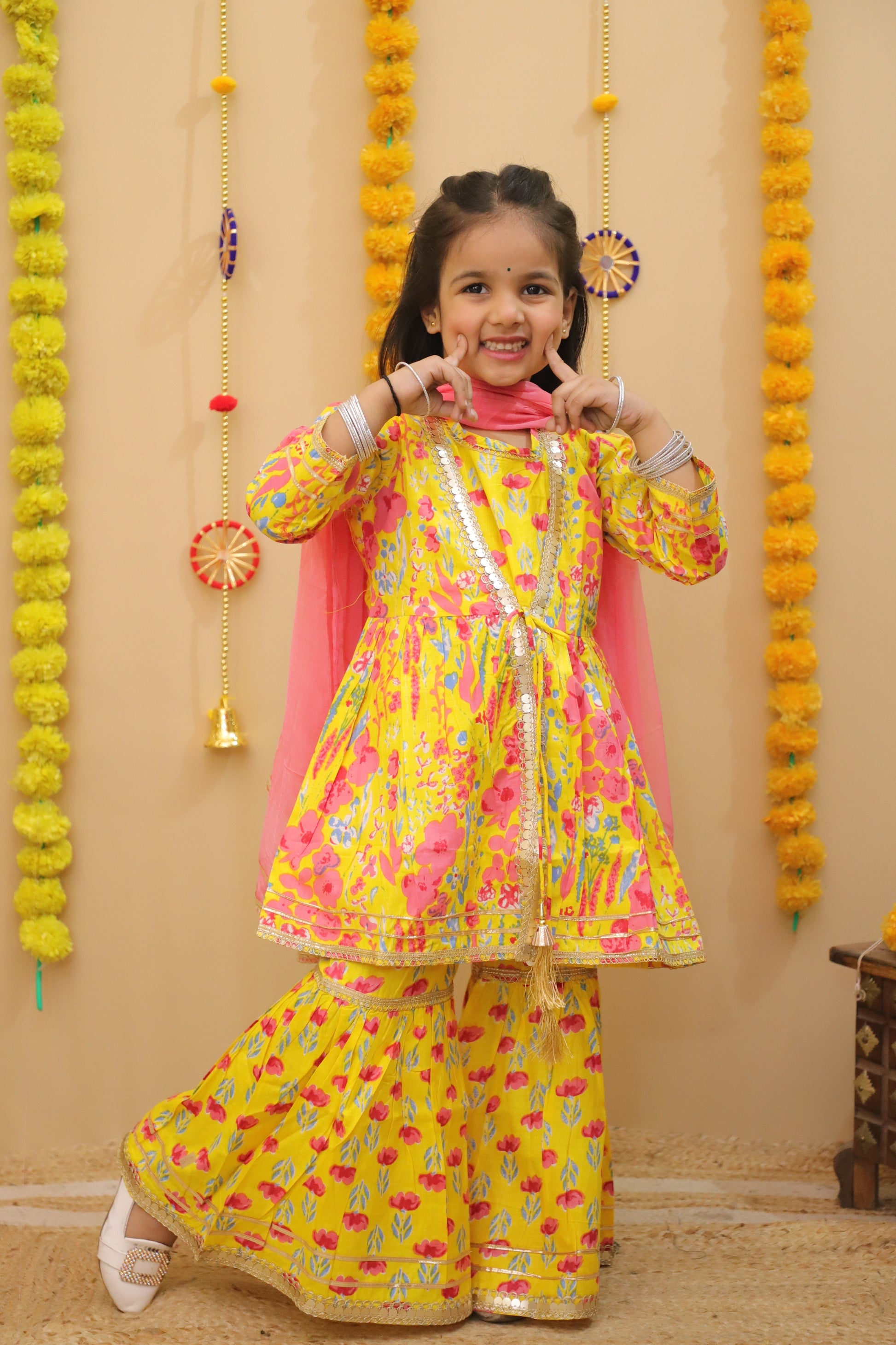 Misbis Girls Floral Printed Kurta And Sharara With Dupatta