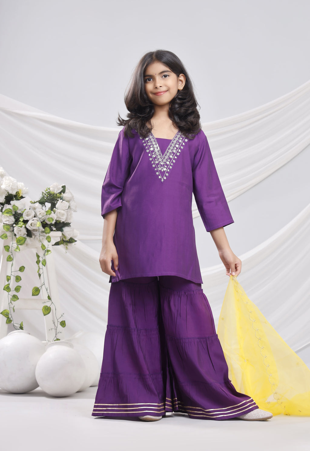 Misbis Girl's Sequence Work Kurta Sharara Dupatta Set