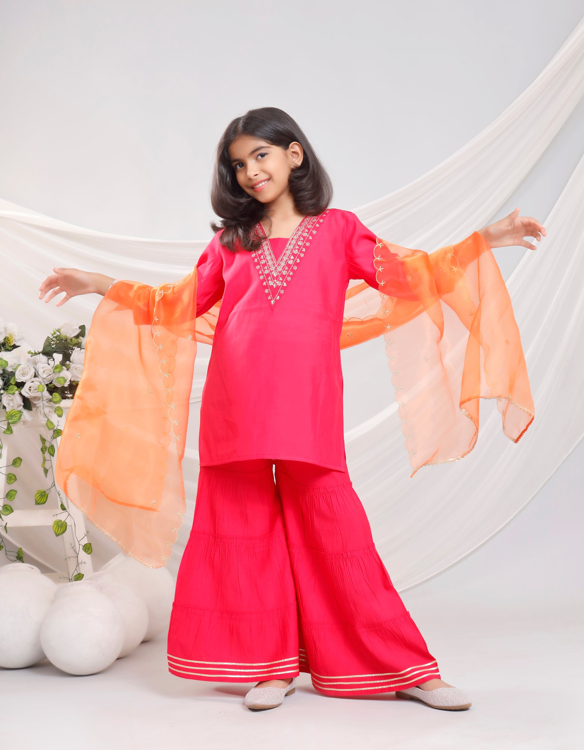 Misbis Girl's Sequence Work Kurta Sharara Dupatta Set