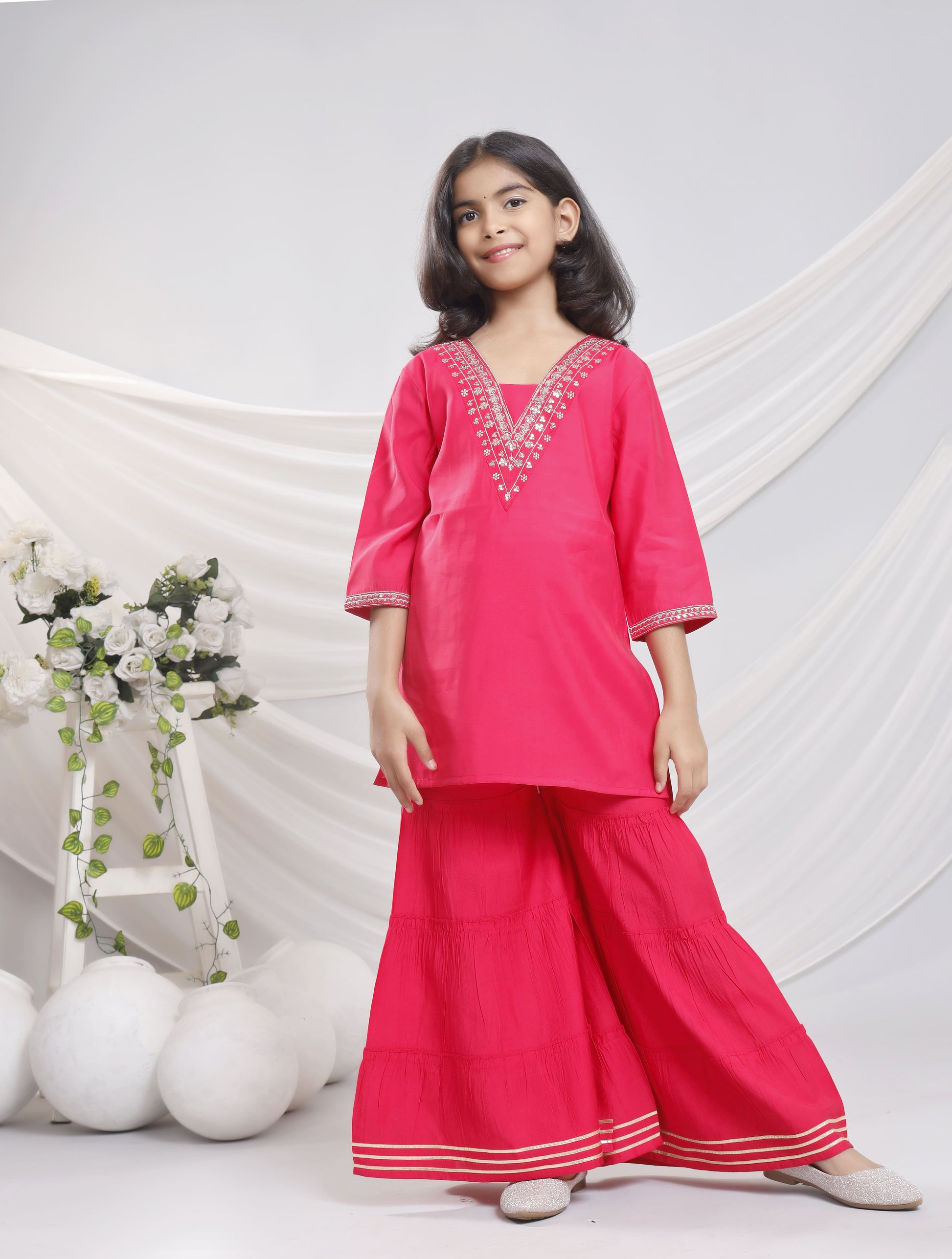 Misbis Girl's Sequence Work Kurta Sharara Dupatta Set