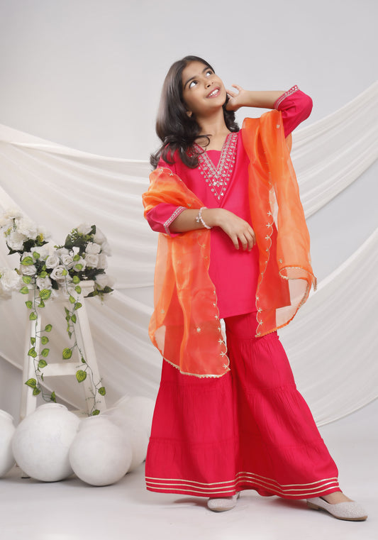 Misbis Girl's Sequence Work Kurta Sharara Dupatta Set