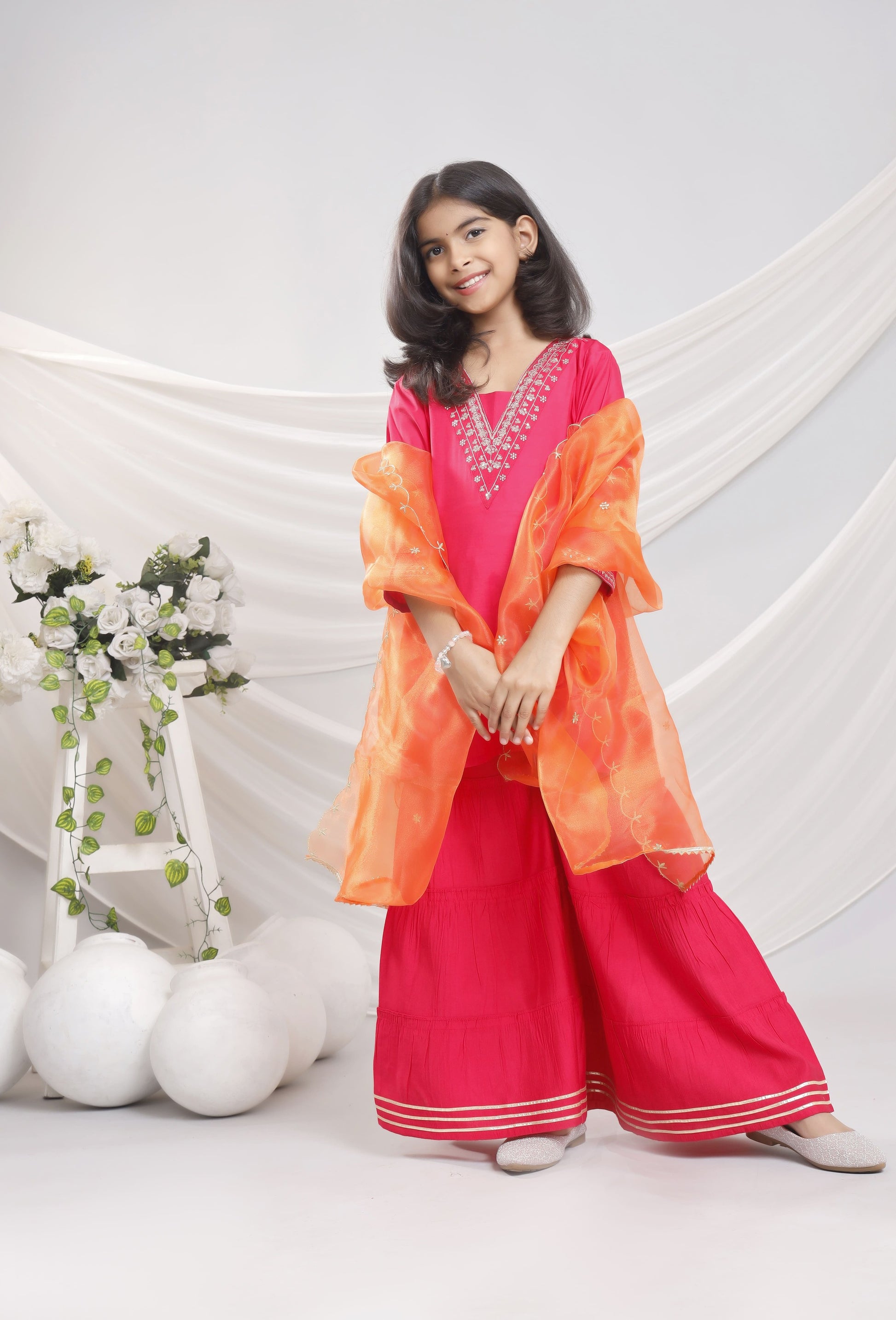 Misbis Girl's Sequence Work Kurta Sharara Dupatta Set