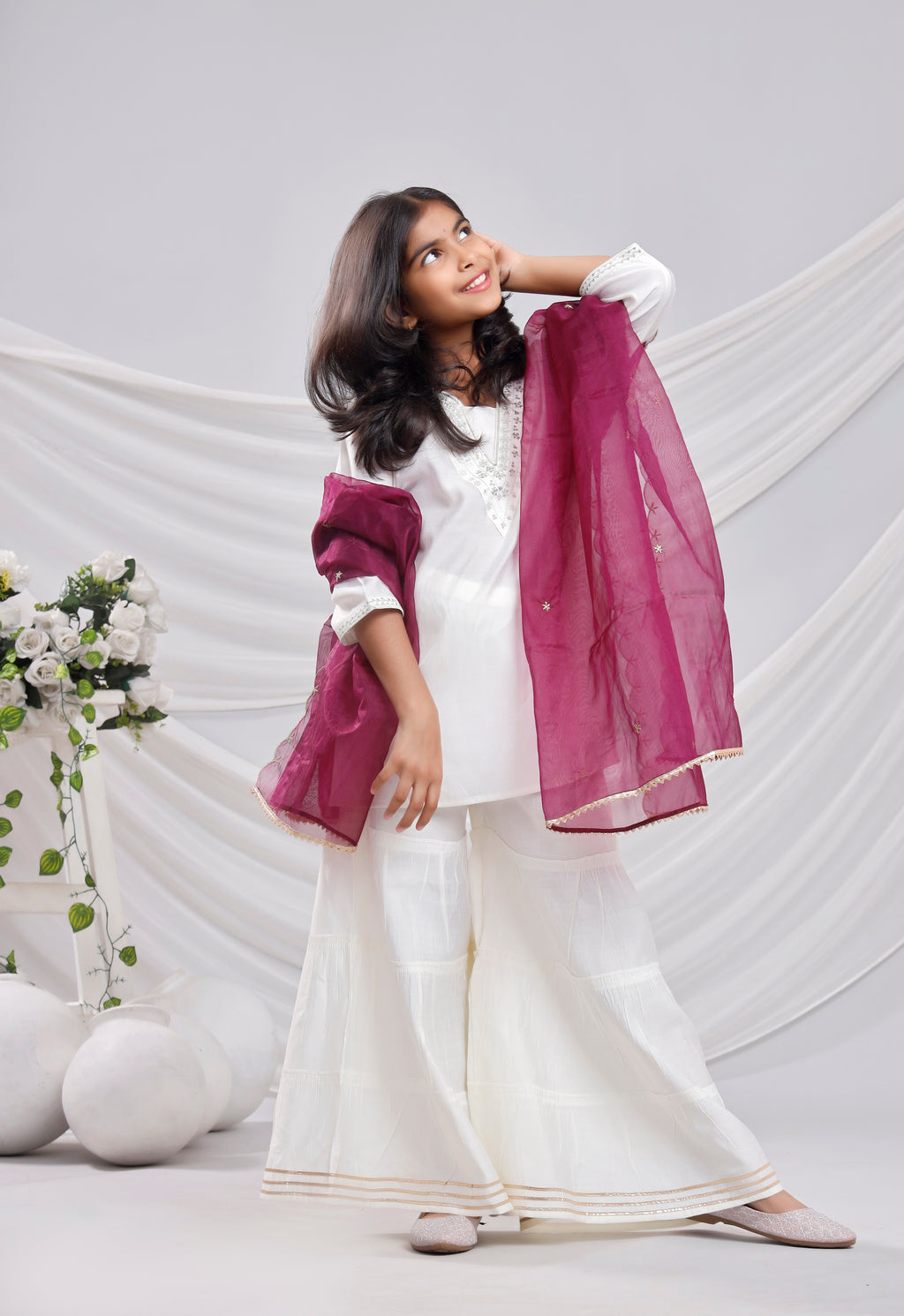 Misbis Girl's Sequence Work Kurta Sharara Dupatta Set