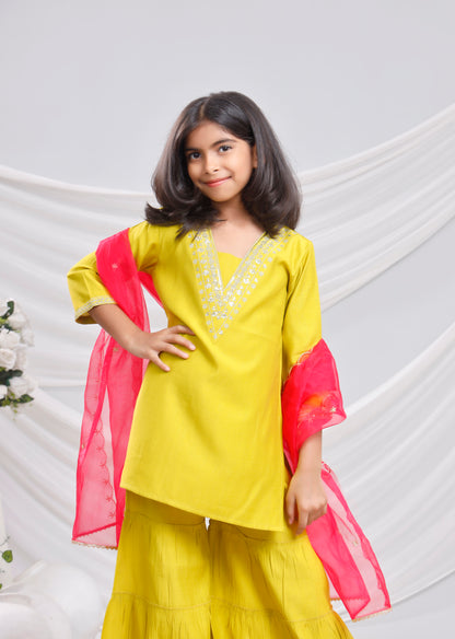 Misbis Girl's Sequence Work Kurta Sharara Dupatta Set