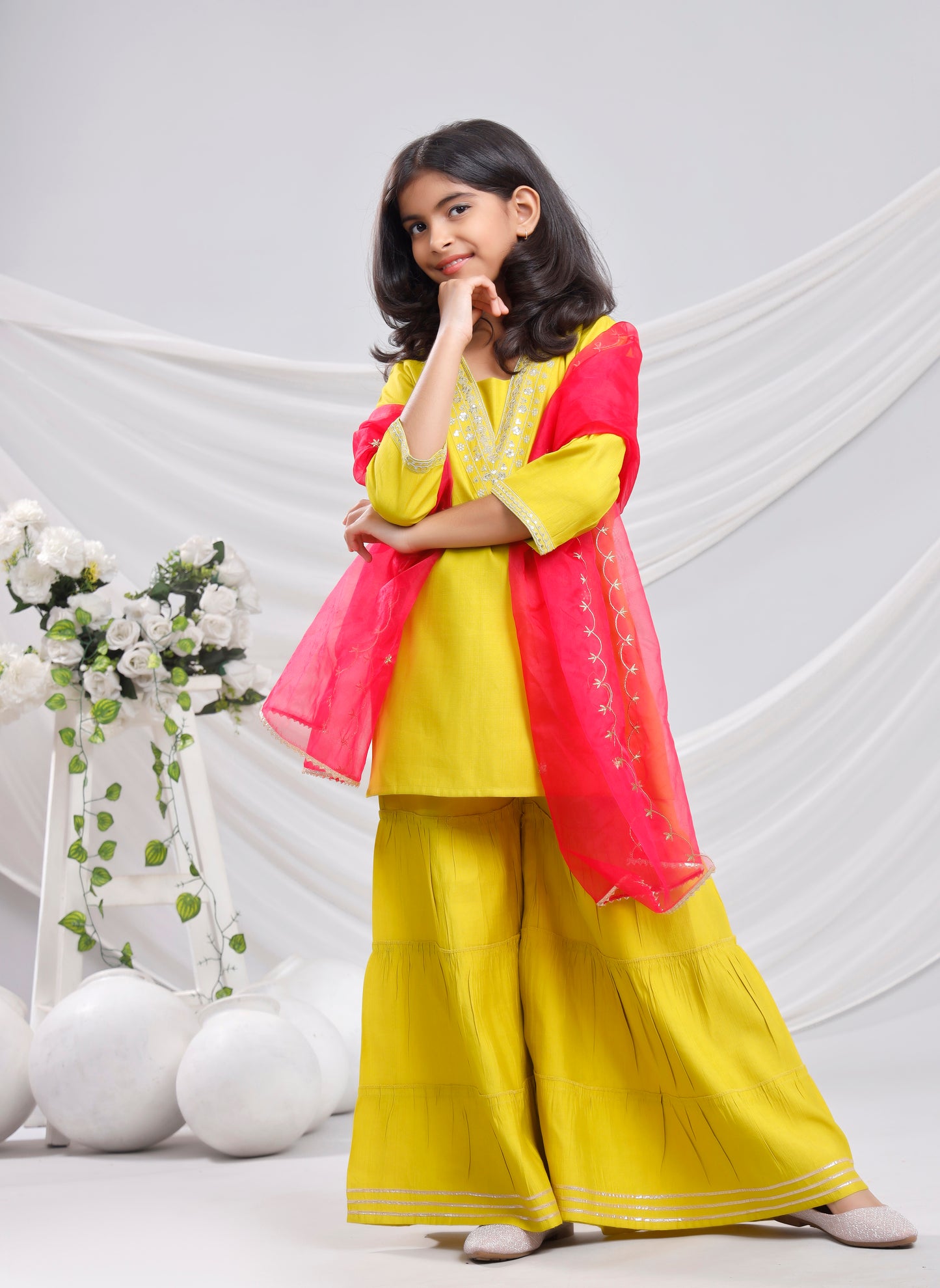 Misbis Girl's Sequence Work Kurta Sharara Dupatta Set