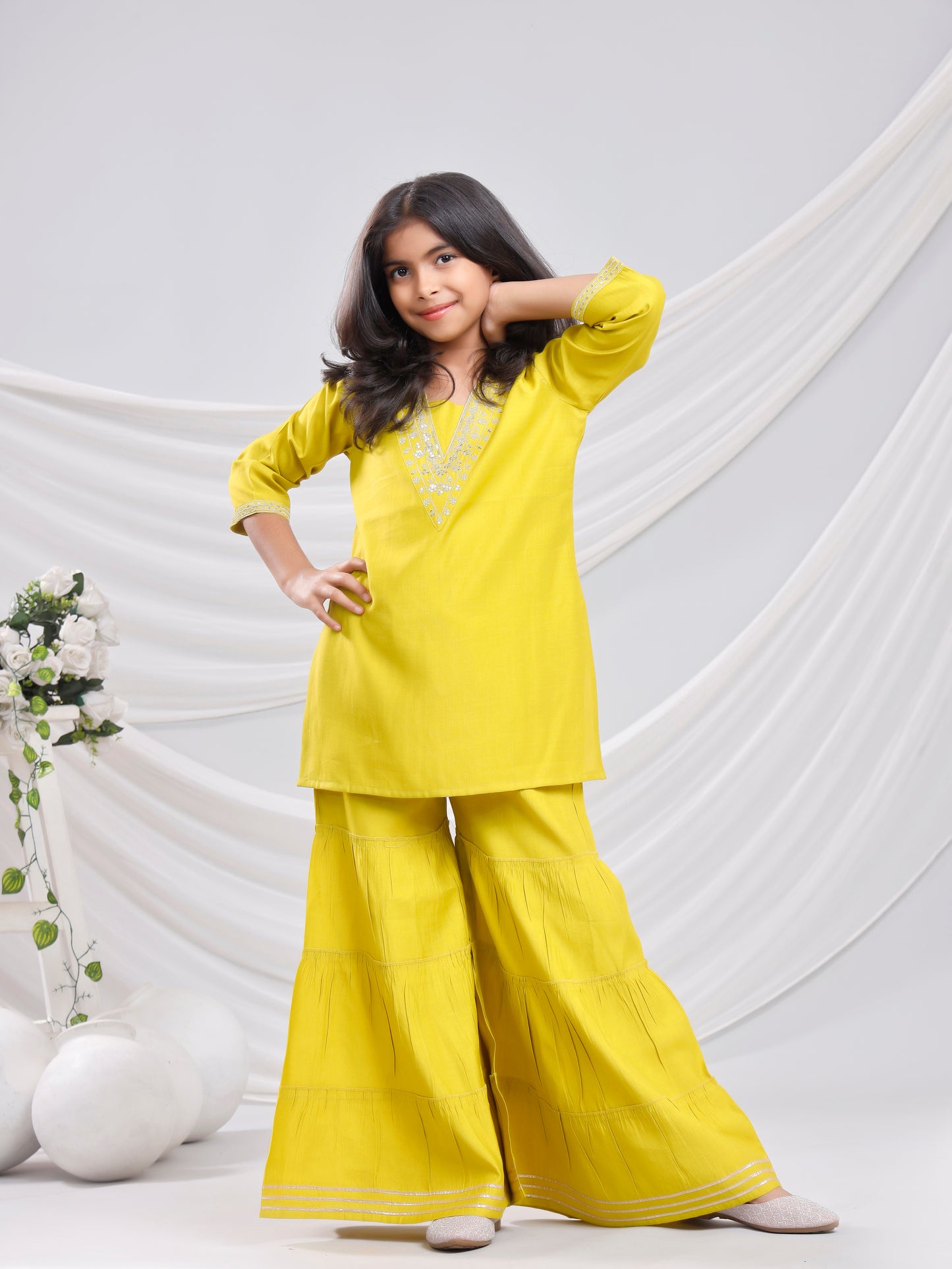 Misbis Girl's Sequence Work Kurta Sharara Dupatta Set