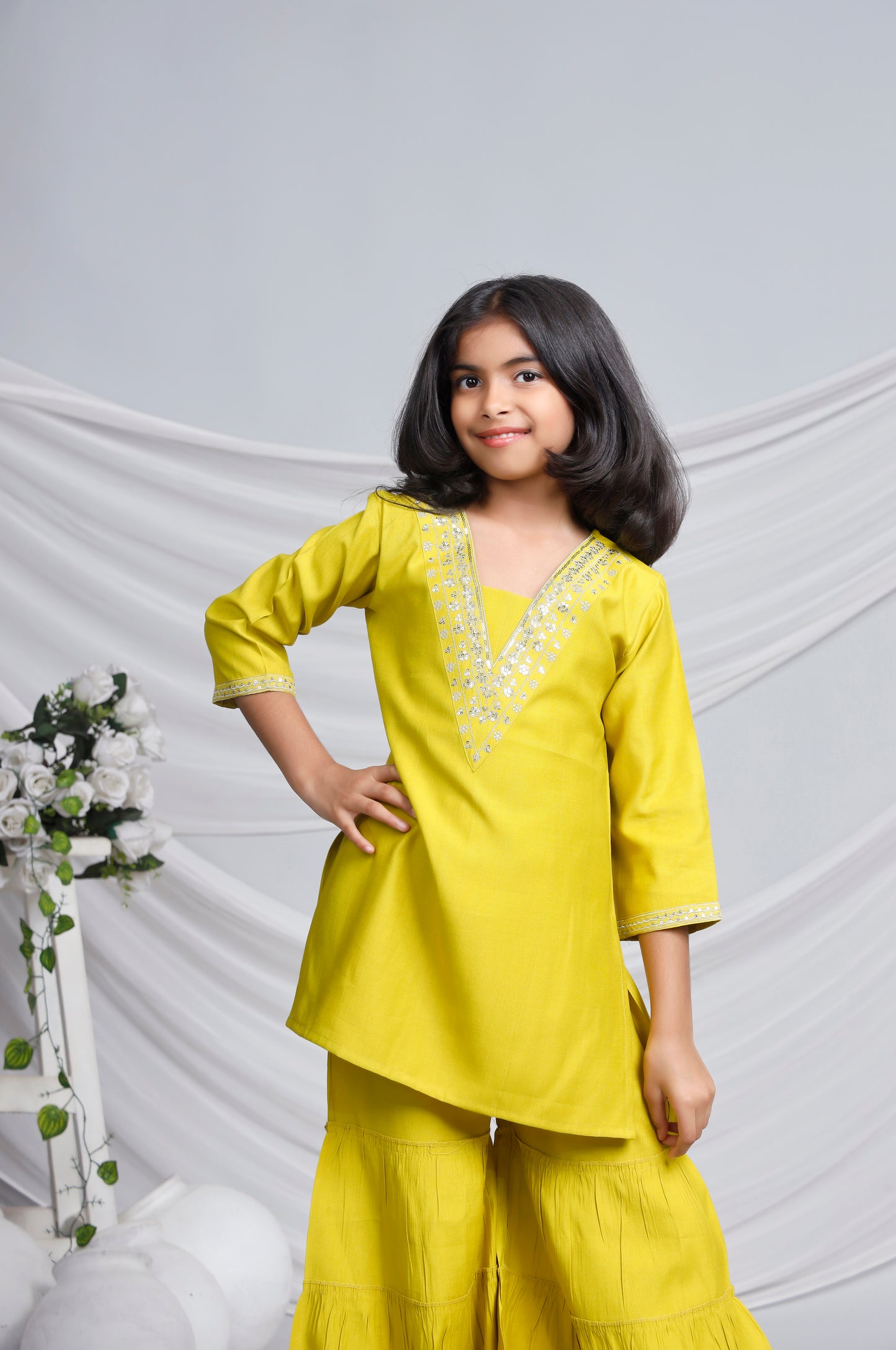 Misbis Girl's Sequence Work Kurta Sharara Dupatta Set