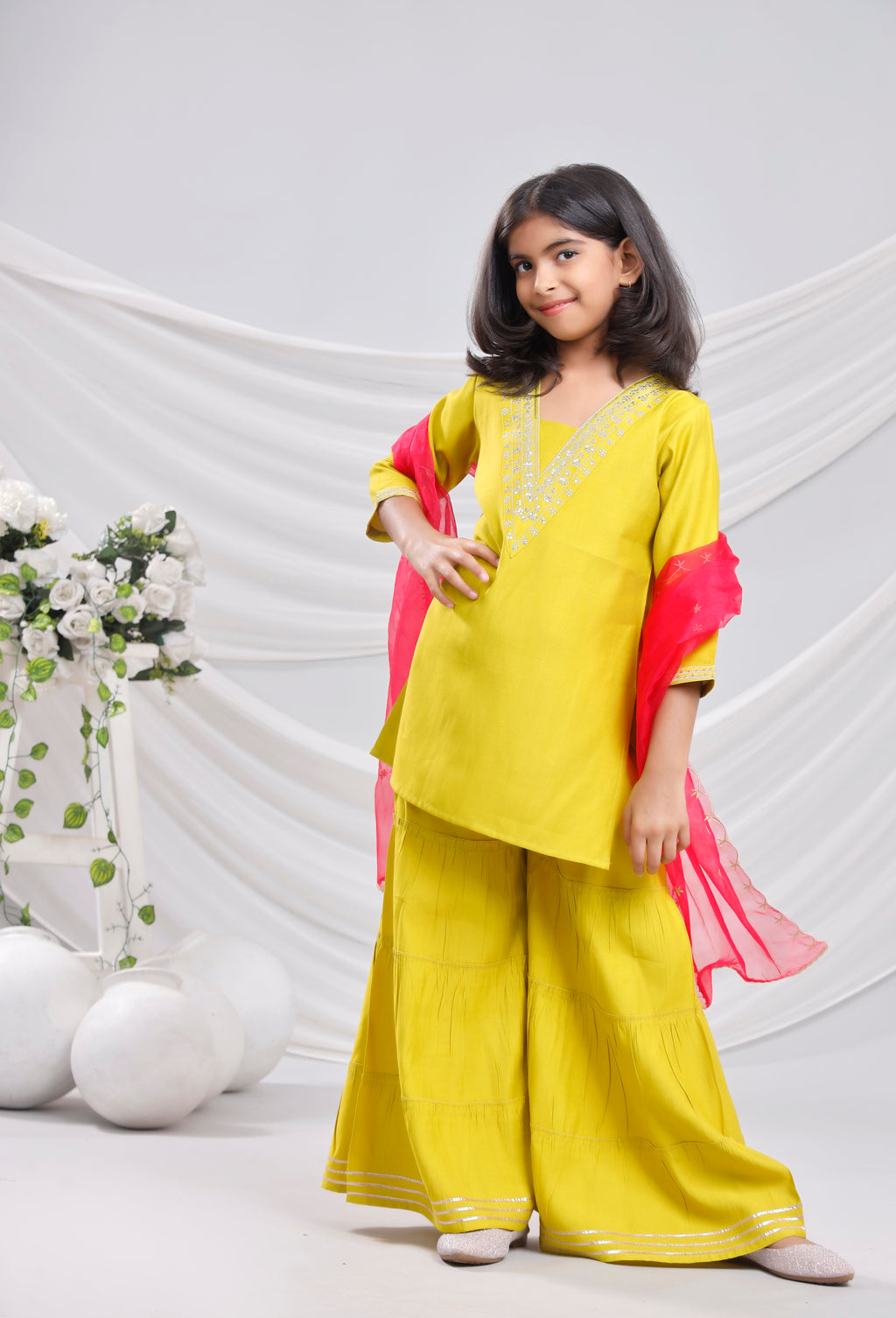 Misbis Girl's Sequence Work Kurta Sharara Dupatta Set