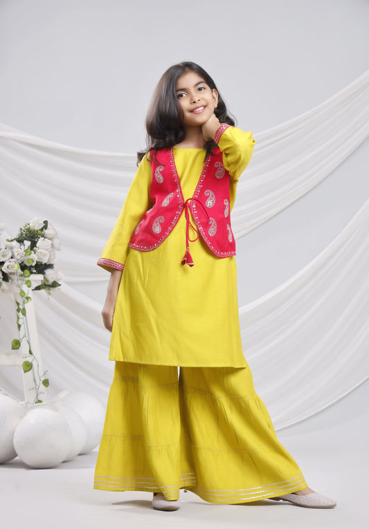 Misbis Girl's Sequence Work Kurta Sharara Set