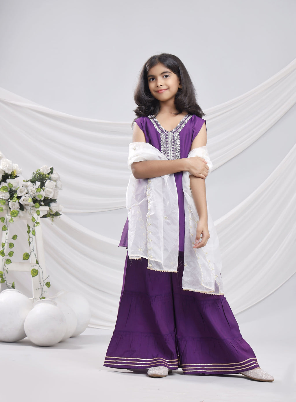 Misbis Girl's Sequence Work Kurta Sharara Dupatta Set