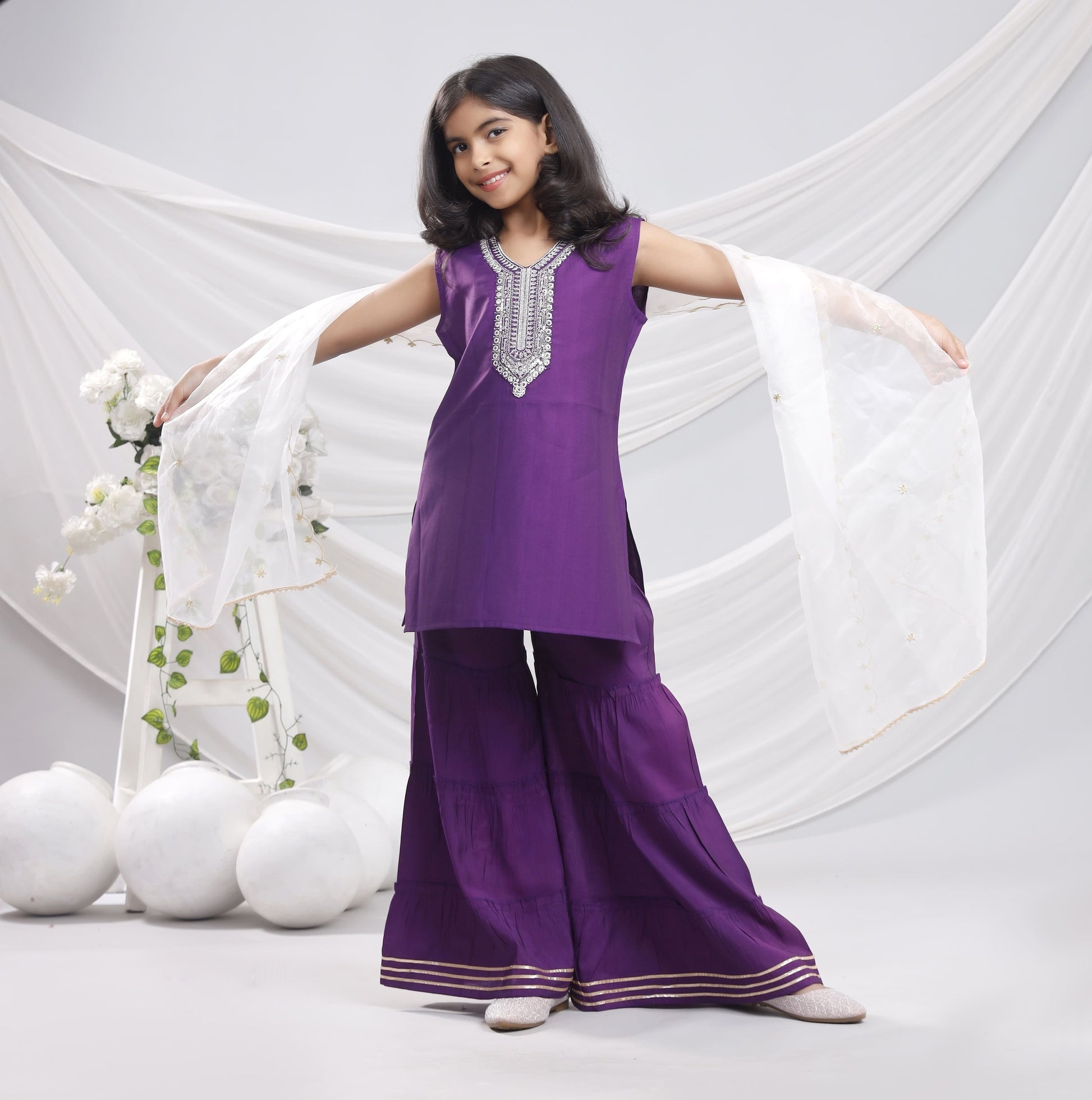 Misbis Girl's Sequence Work Kurta Sharara Dupatta Set