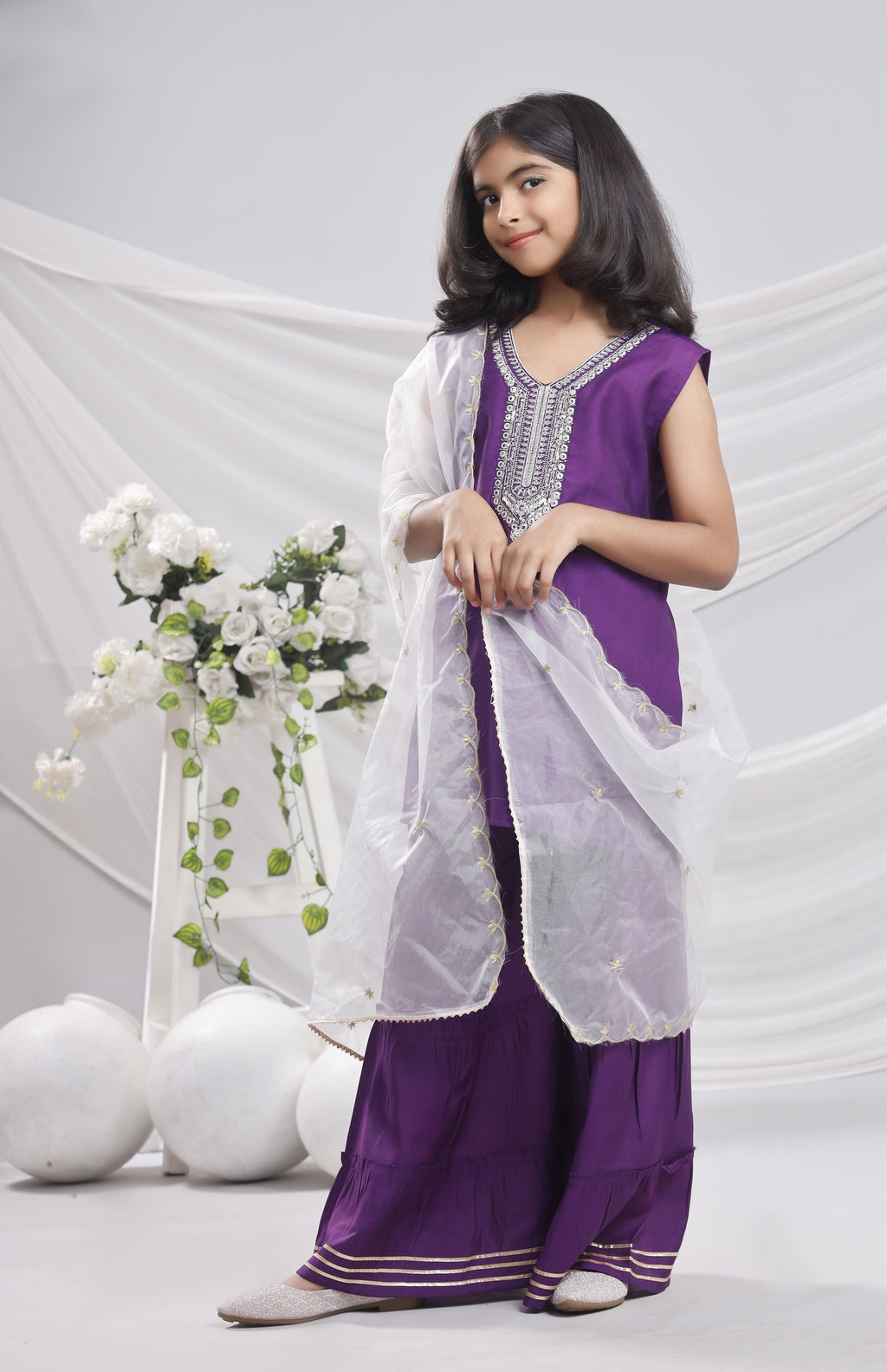 Misbis Girl's Sequence Work Kurta Sharara Dupatta Set