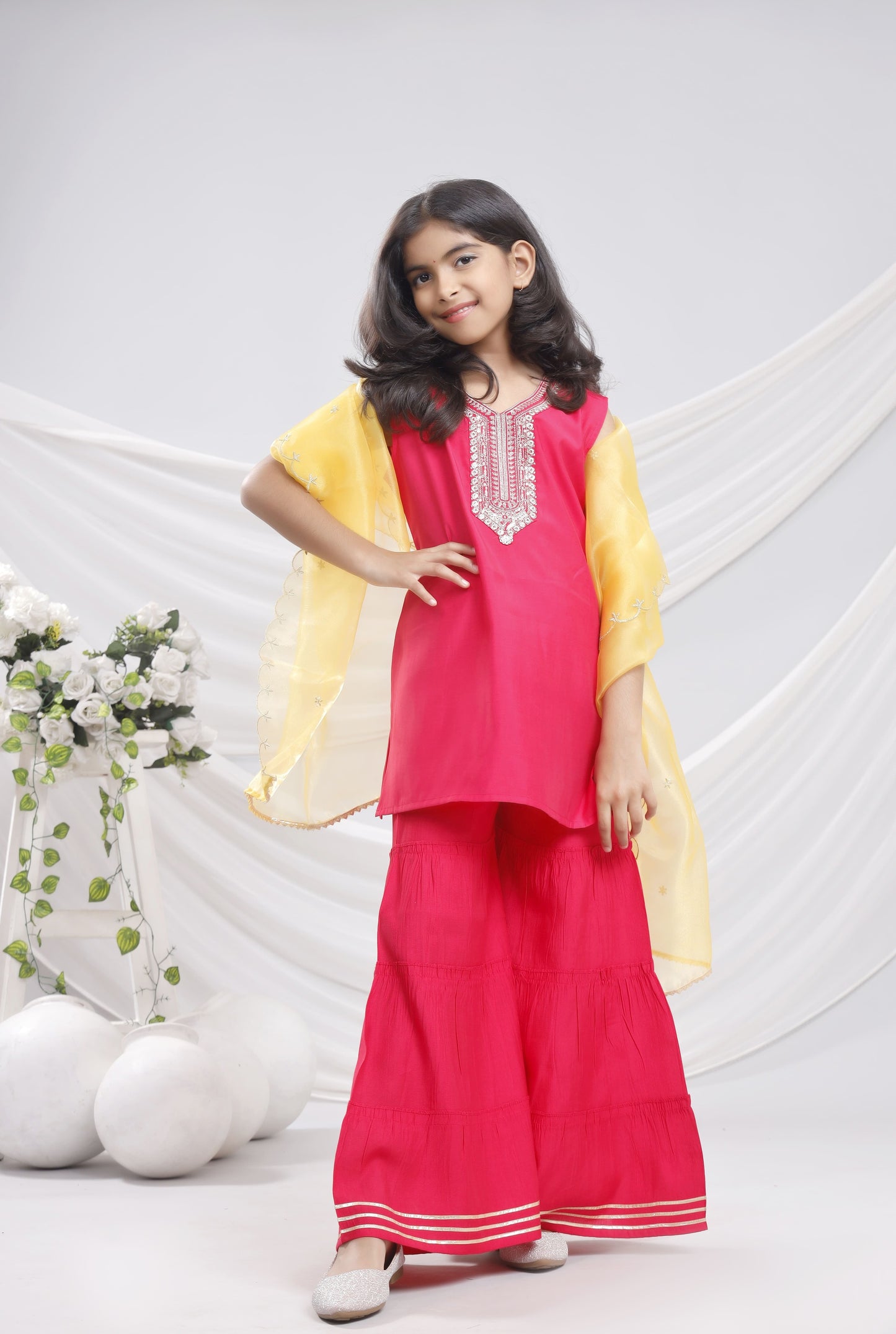 Misbis Girl's Sequence Work Kurta Sharara Dupatta Set