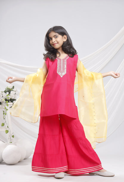 Misbis Girl's Sequence Work Kurta Sharara Dupatta Set