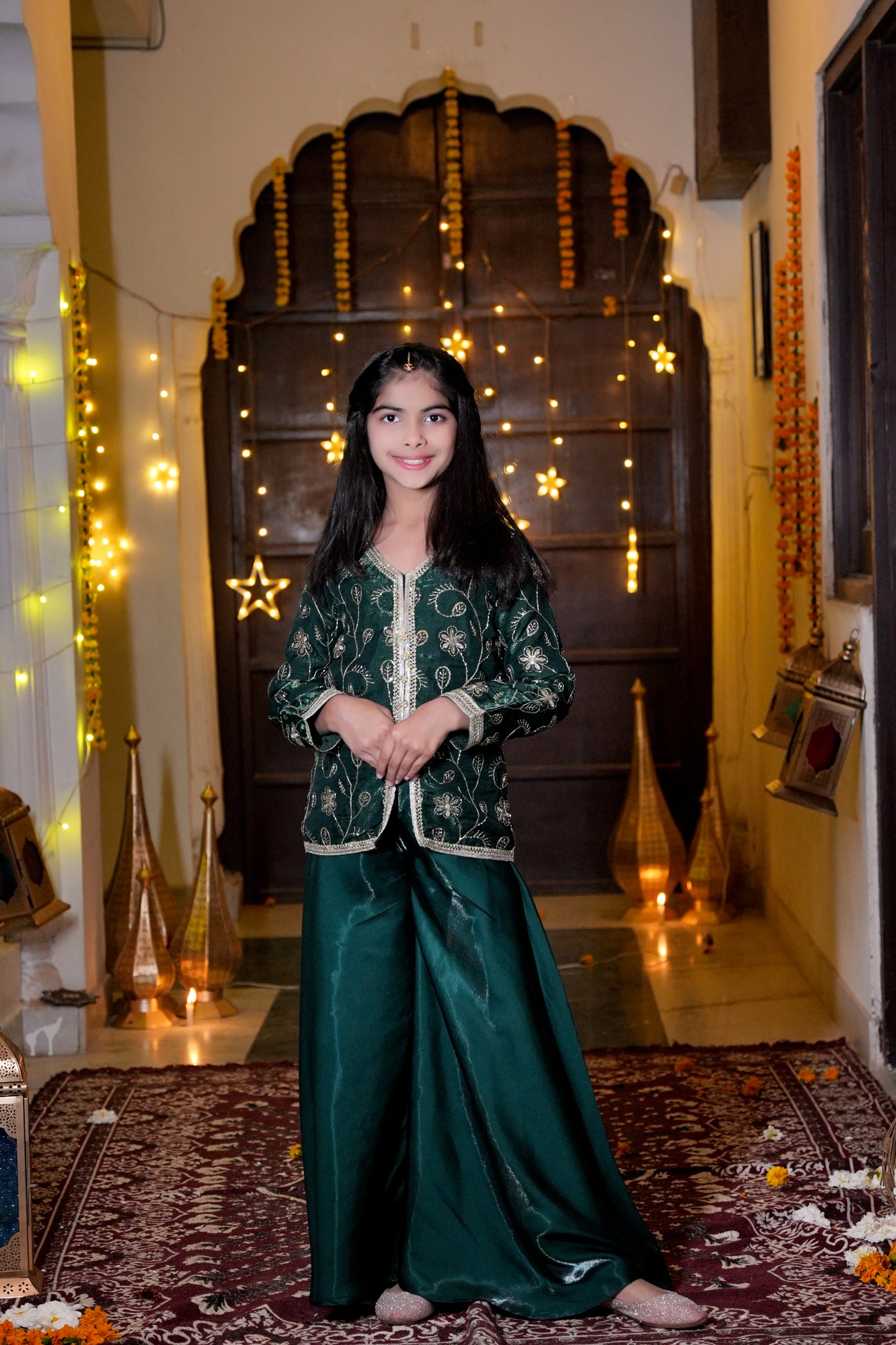 The Emerald Bloom Silver-Embroidered Festive Kurta & Palazzo Set