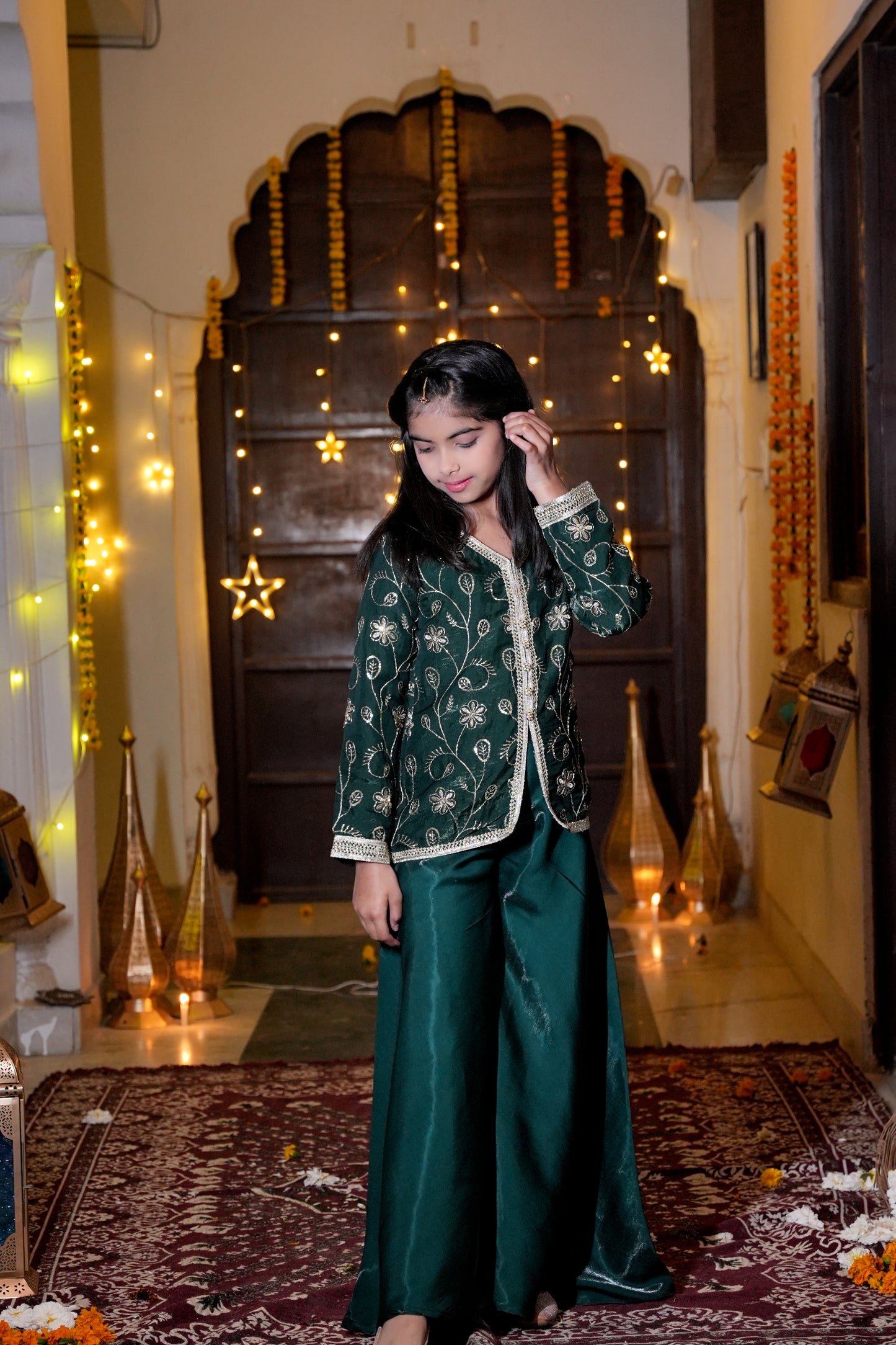 The Emerald Bloom Silver-Embroidered Festive Kurta & Palazzo Set