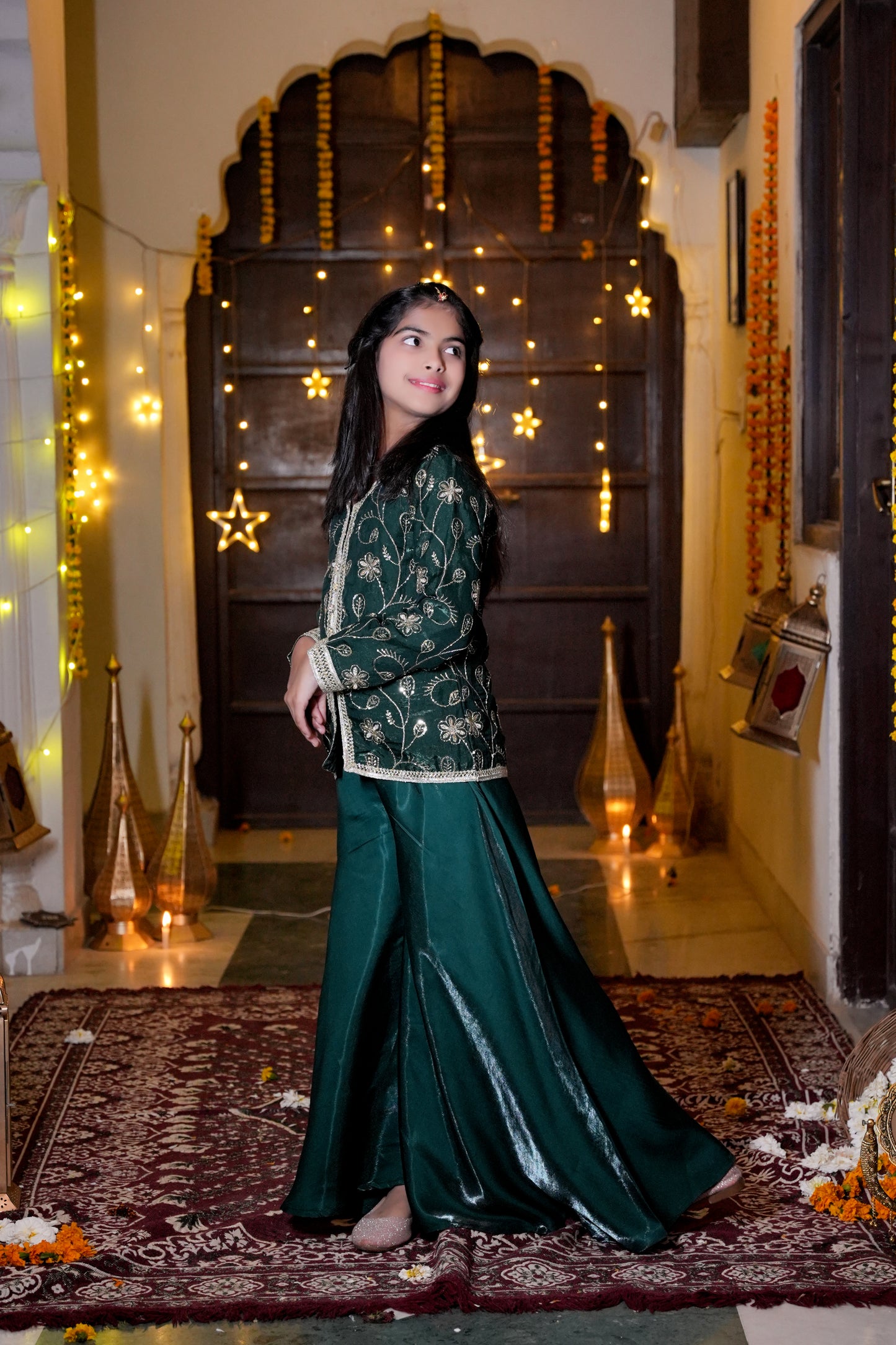 The Emerald Bloom Silver-Embroidered Festive Kurta & Palazzo Set