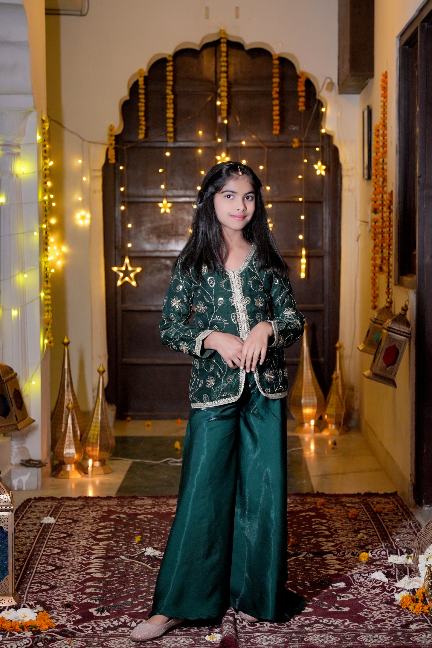 The Emerald Bloom Silver-Embroidered Festive Kurta & Palazzo Set