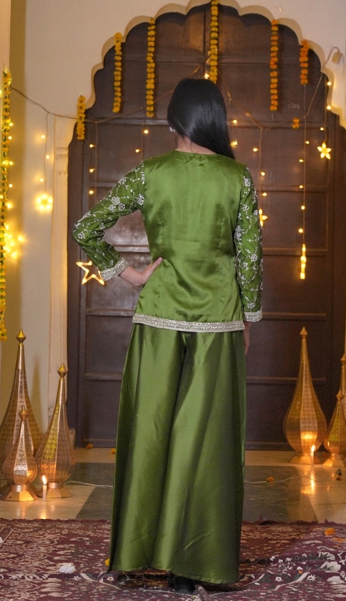 The Emerald Bloom Silver-Embroidered Festive Kurta & Palazzo Set