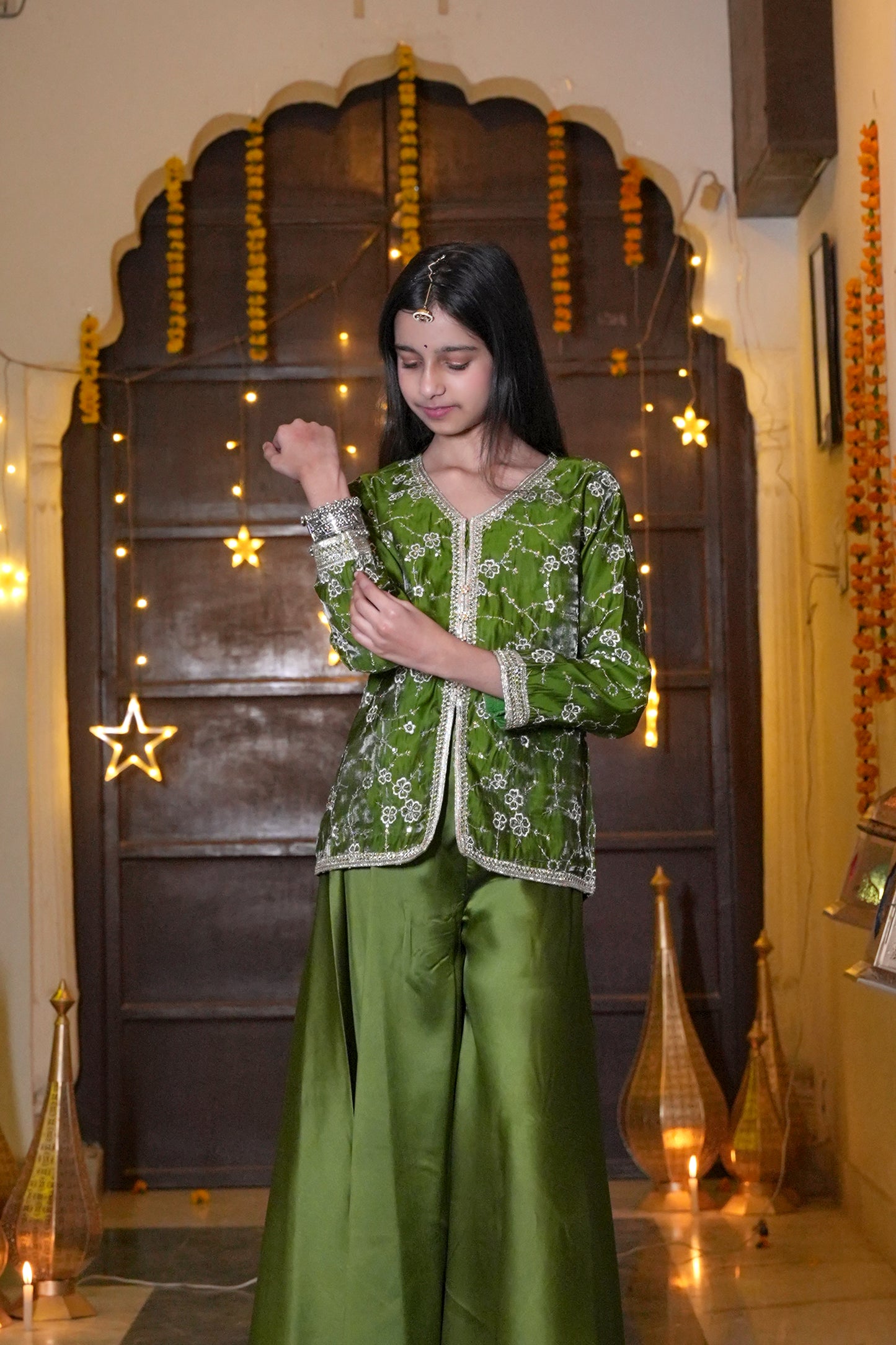The Emerald Bloom Silver-Embroidered Festive Kurta & Palazzo Set