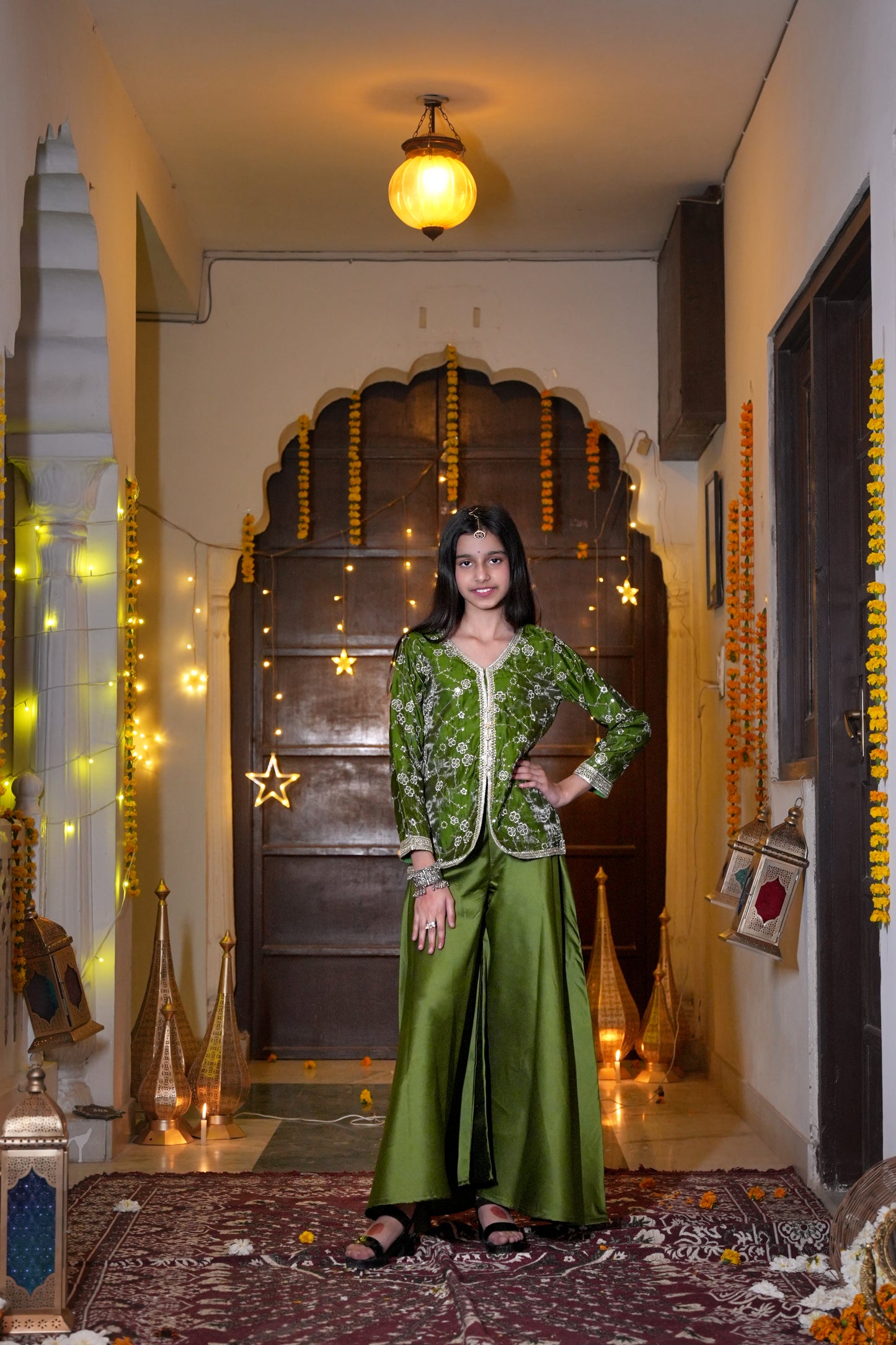 The Emerald Bloom Silver-Embroidered Festive Kurta & Palazzo Set