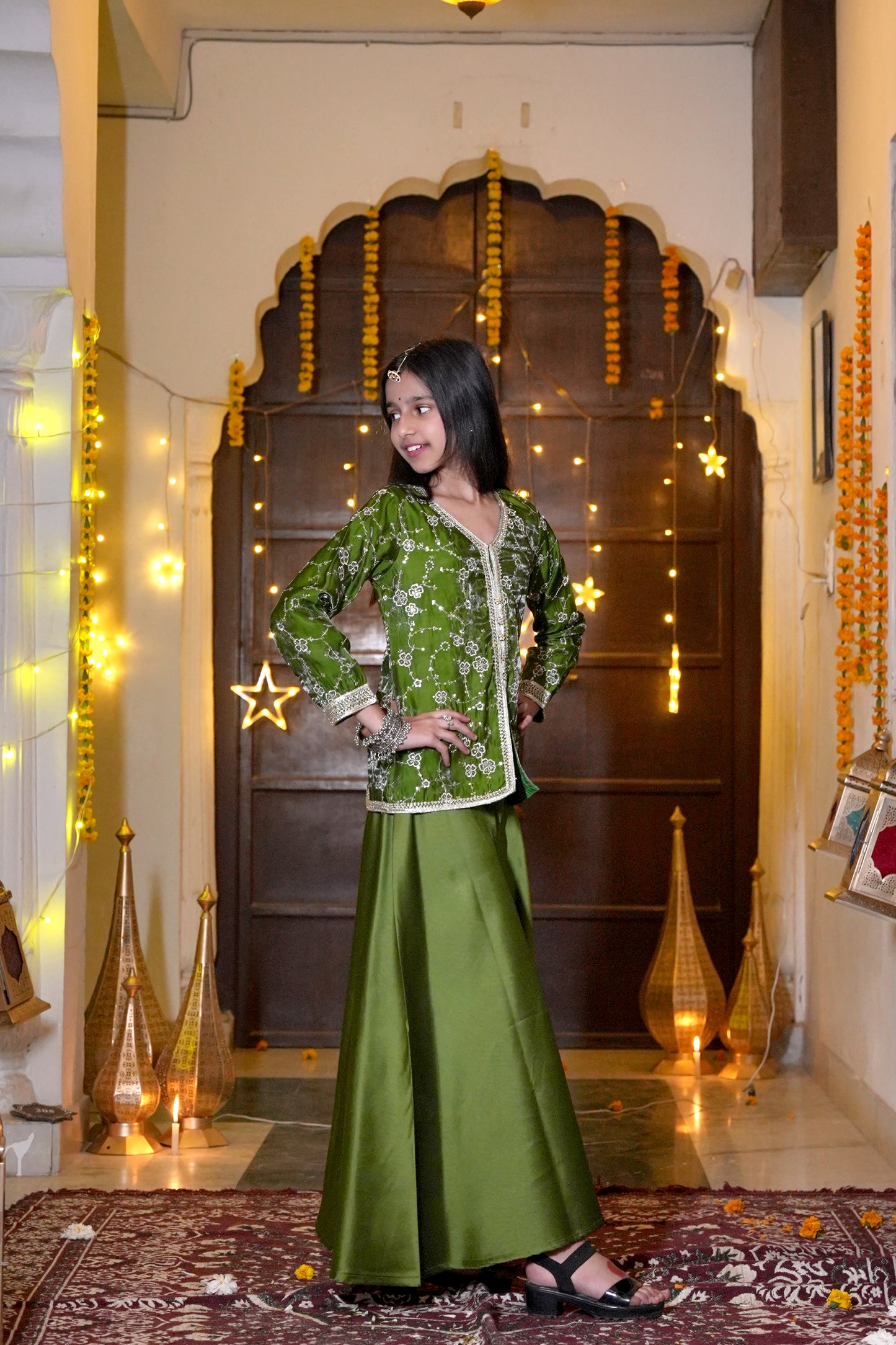 The Emerald Bloom Silver-Embroidered Festive Kurta & Palazzo Set