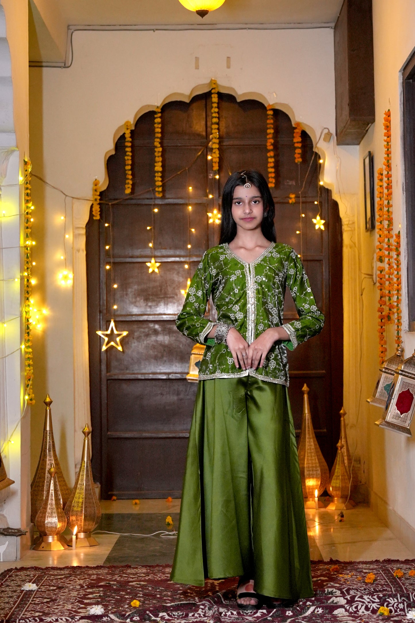 The Emerald Bloom Silver-Embroidered Festive Kurta & Palazzo Set