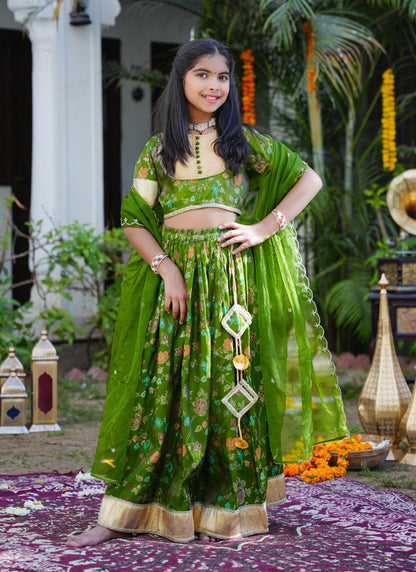 Floral Green & Gold Ethnic Lehenga Choli Set with Dupatta