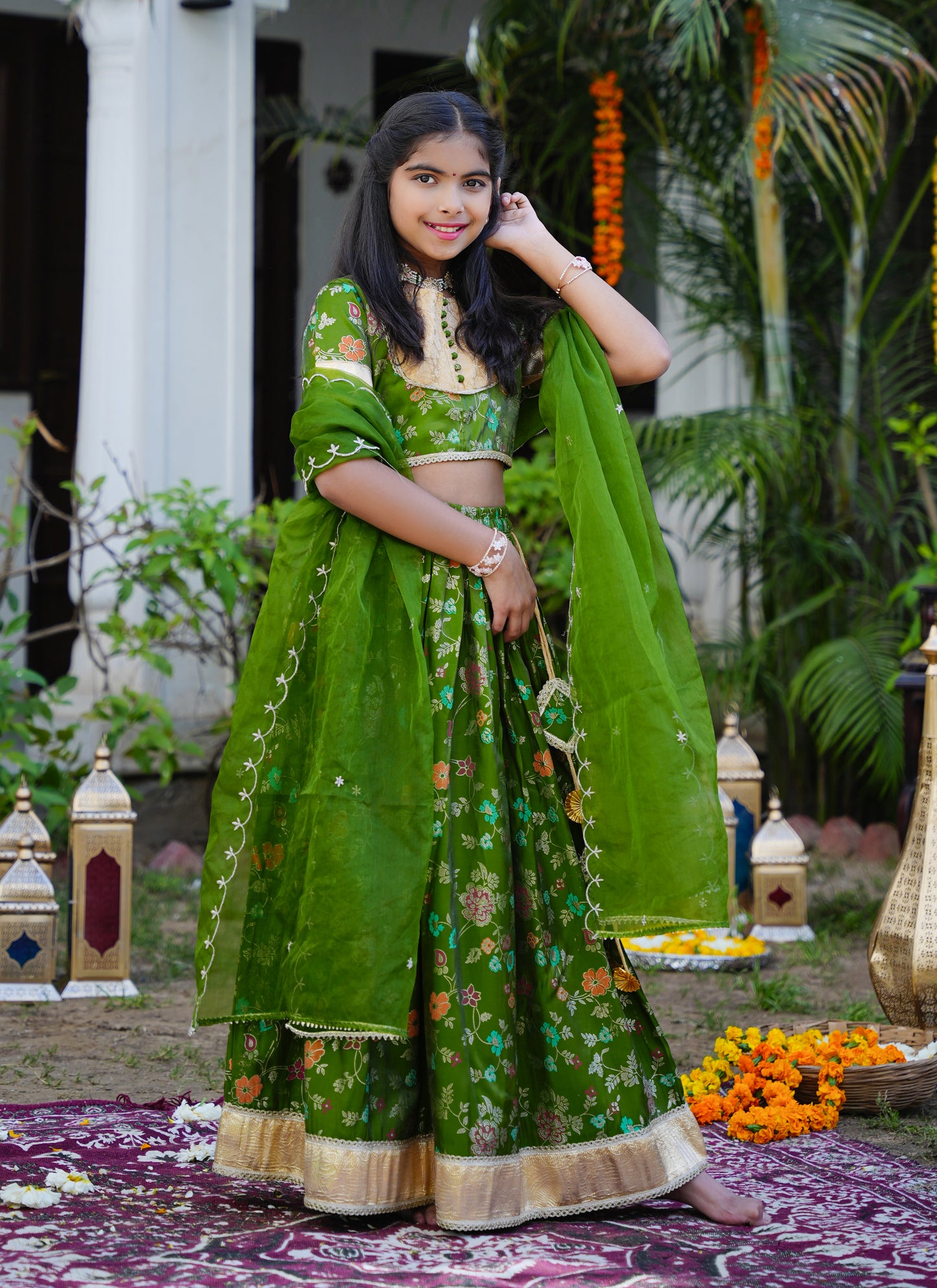 Floral Green & Gold Ethnic Lehenga Choli Set with Dupatta